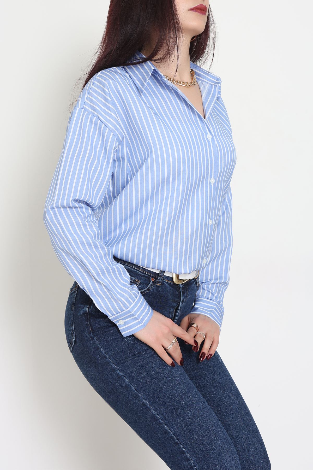 Pamuk Polyester Çizgili Oversize Gömlek Açıkmavibeyaz - 51052.147.