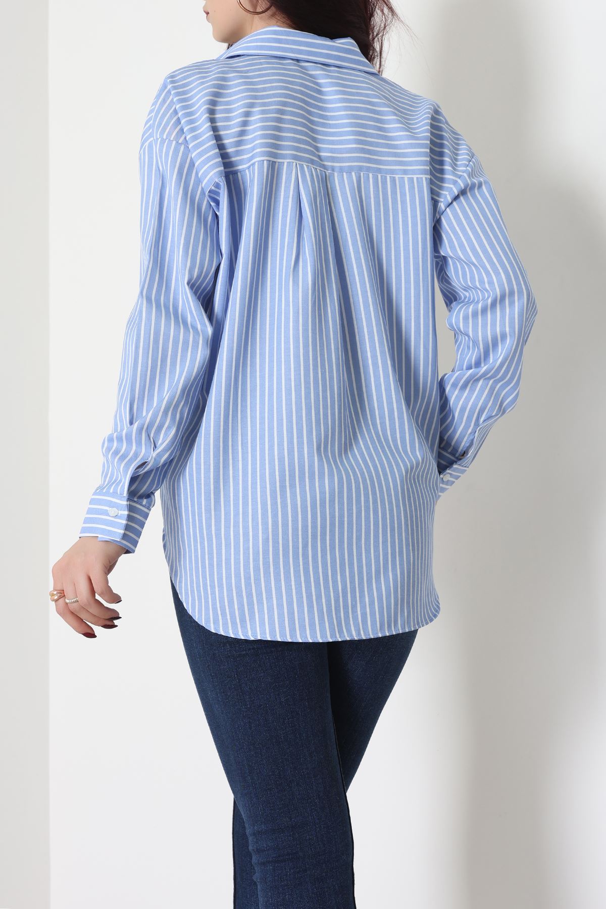 Pamuk Polyester Çizgili Oversize Gömlek Açıkmavibeyaz - 51052.147.
