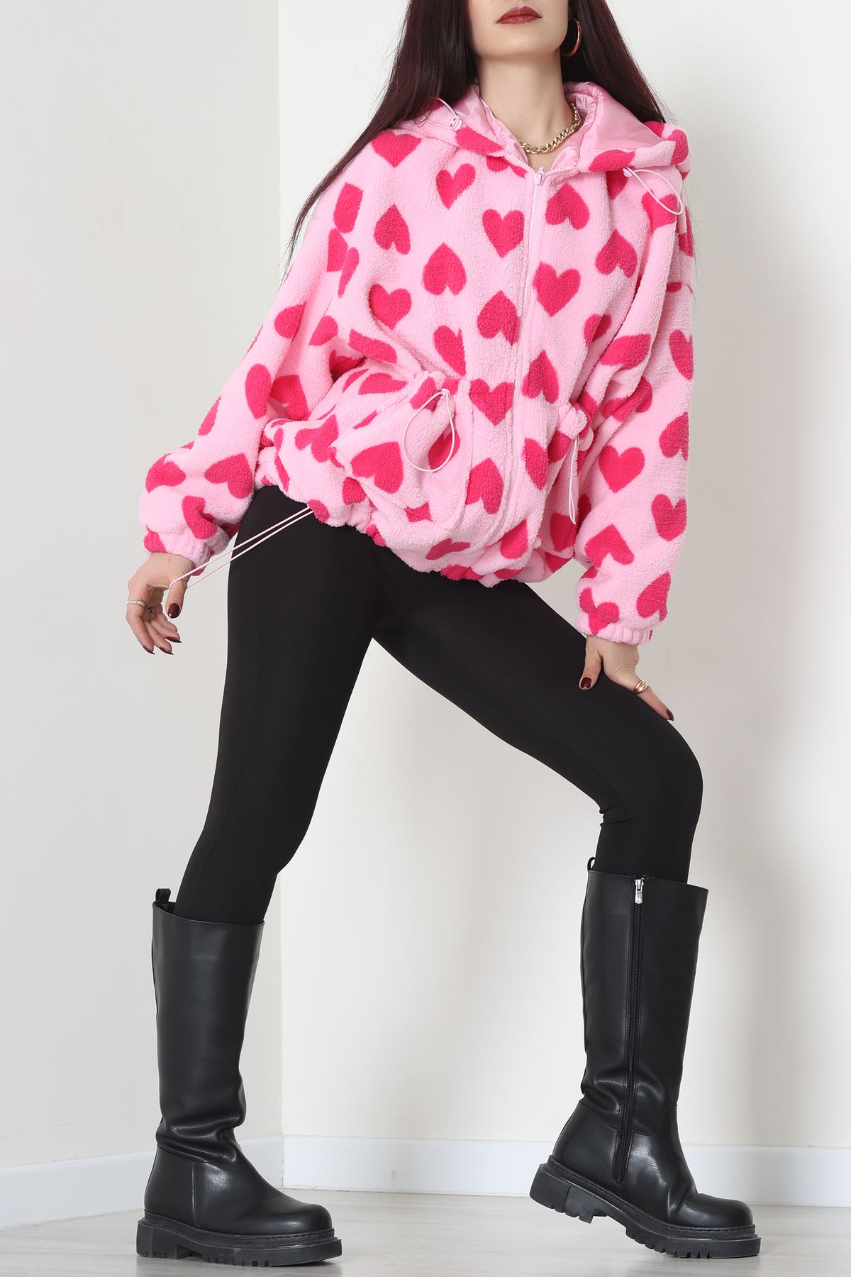 Kapüşonlu Kalpli Peluş Mont Pembe - 31482.1247.