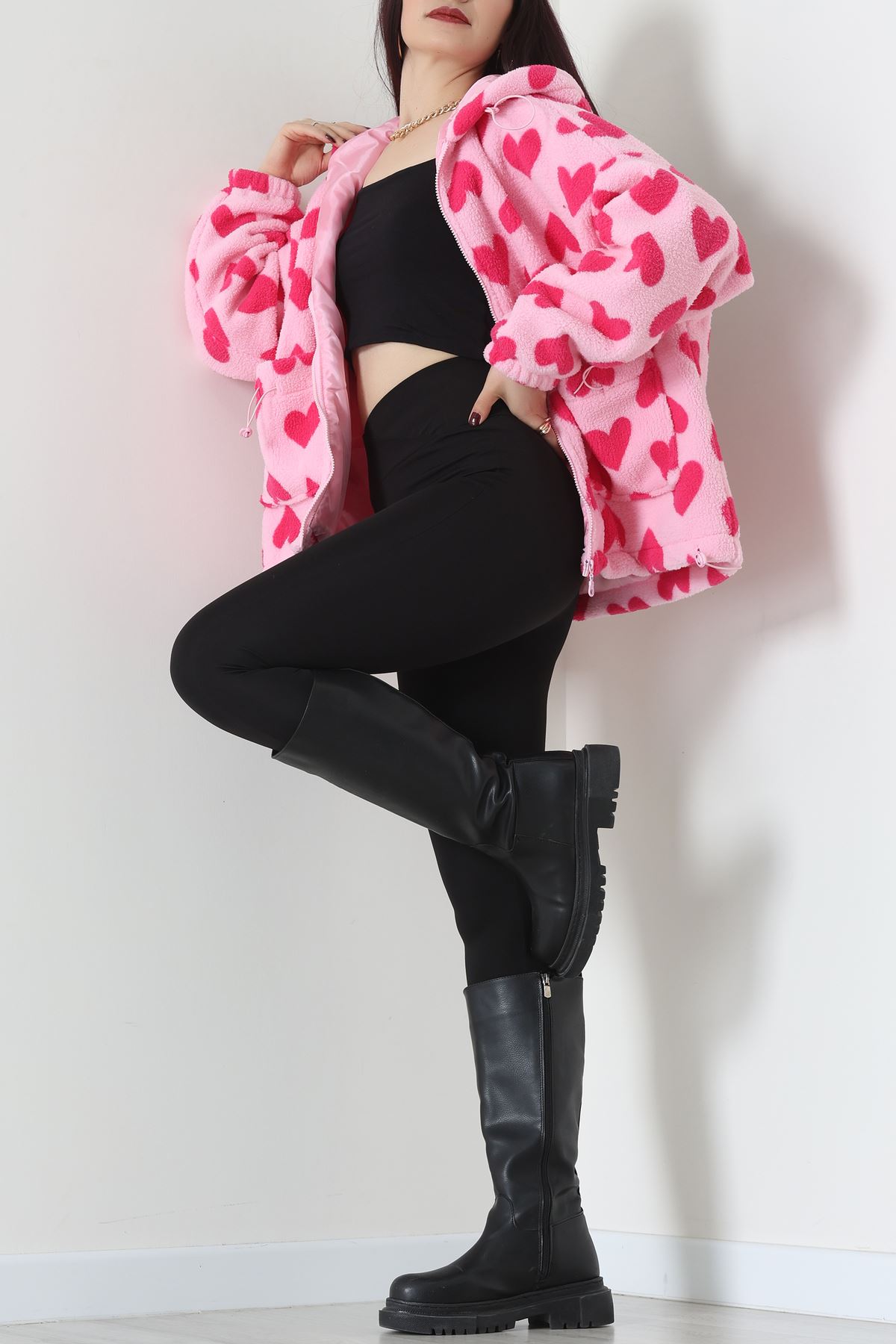 Kapüşonlu Kalpli Peluş Mont Pembe - 31482.1247.