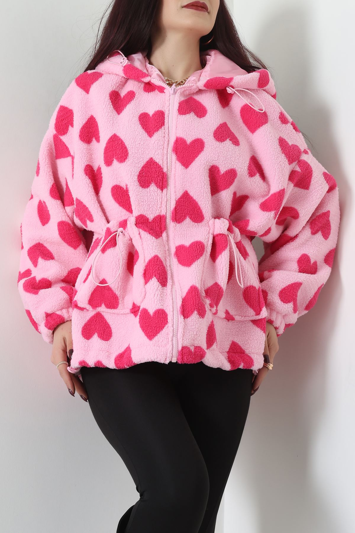 Kapüşonlu Kalpli Peluş Mont Pembe - 31482.1247.