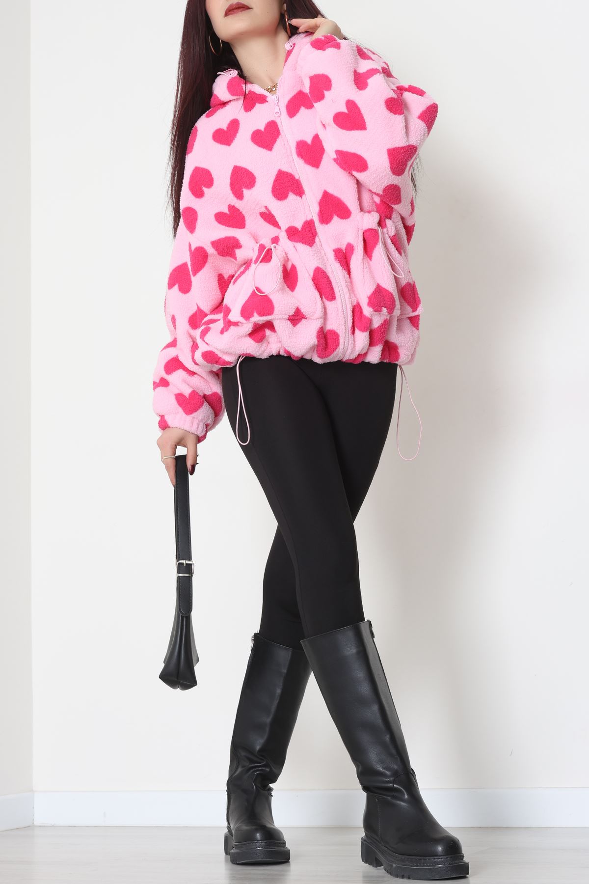 Kapüşonlu Kalpli Peluş Mont Pembe - 31482.1247.
