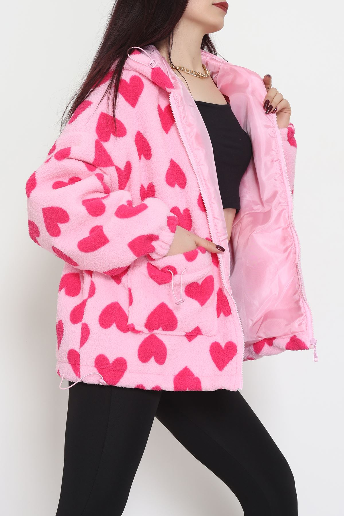 Kapüşonlu Kalpli Peluş Mont Pembe - 31482.1247.