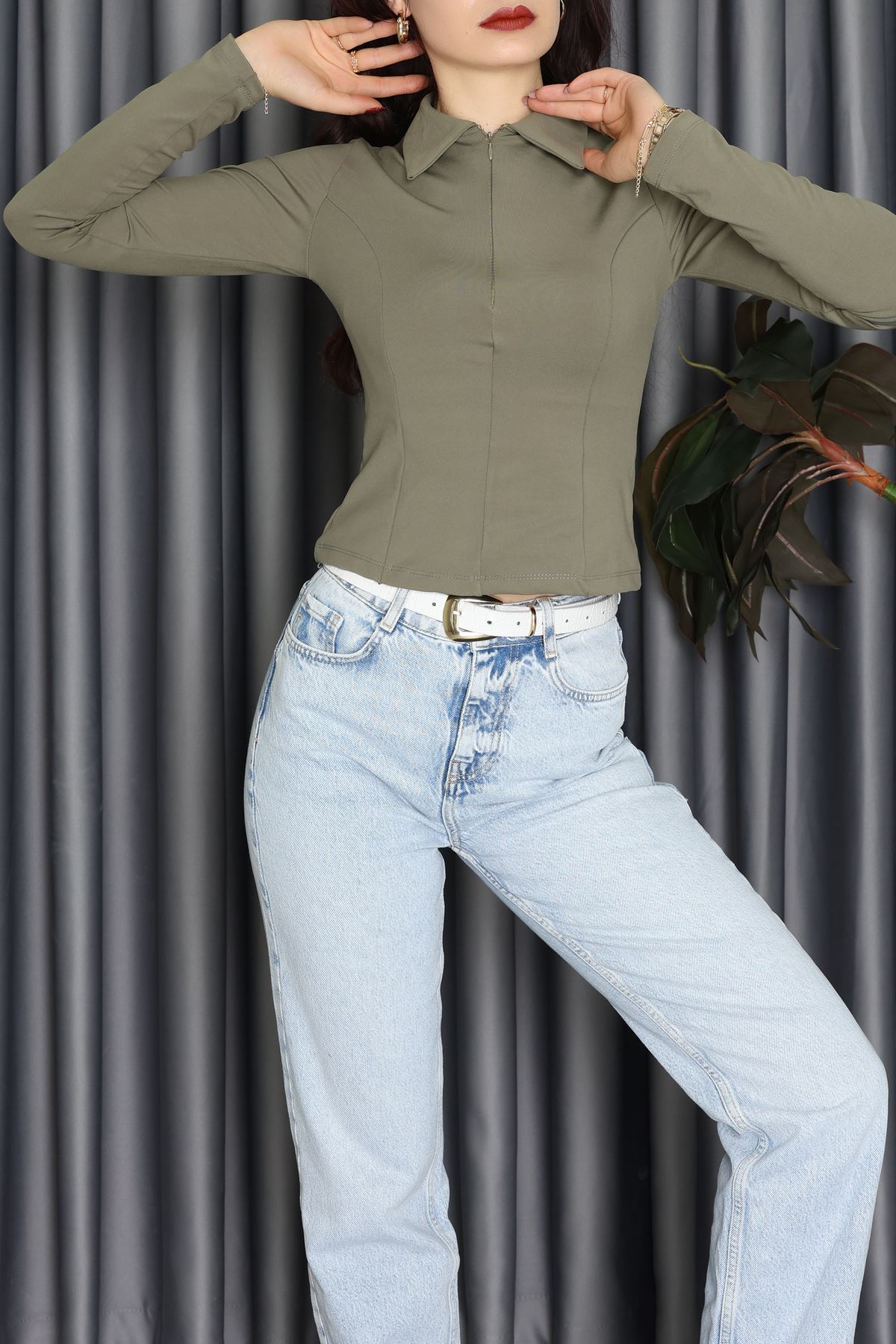 Modal Kumaş Polo Yaka Bluz Haki - 71793.444.