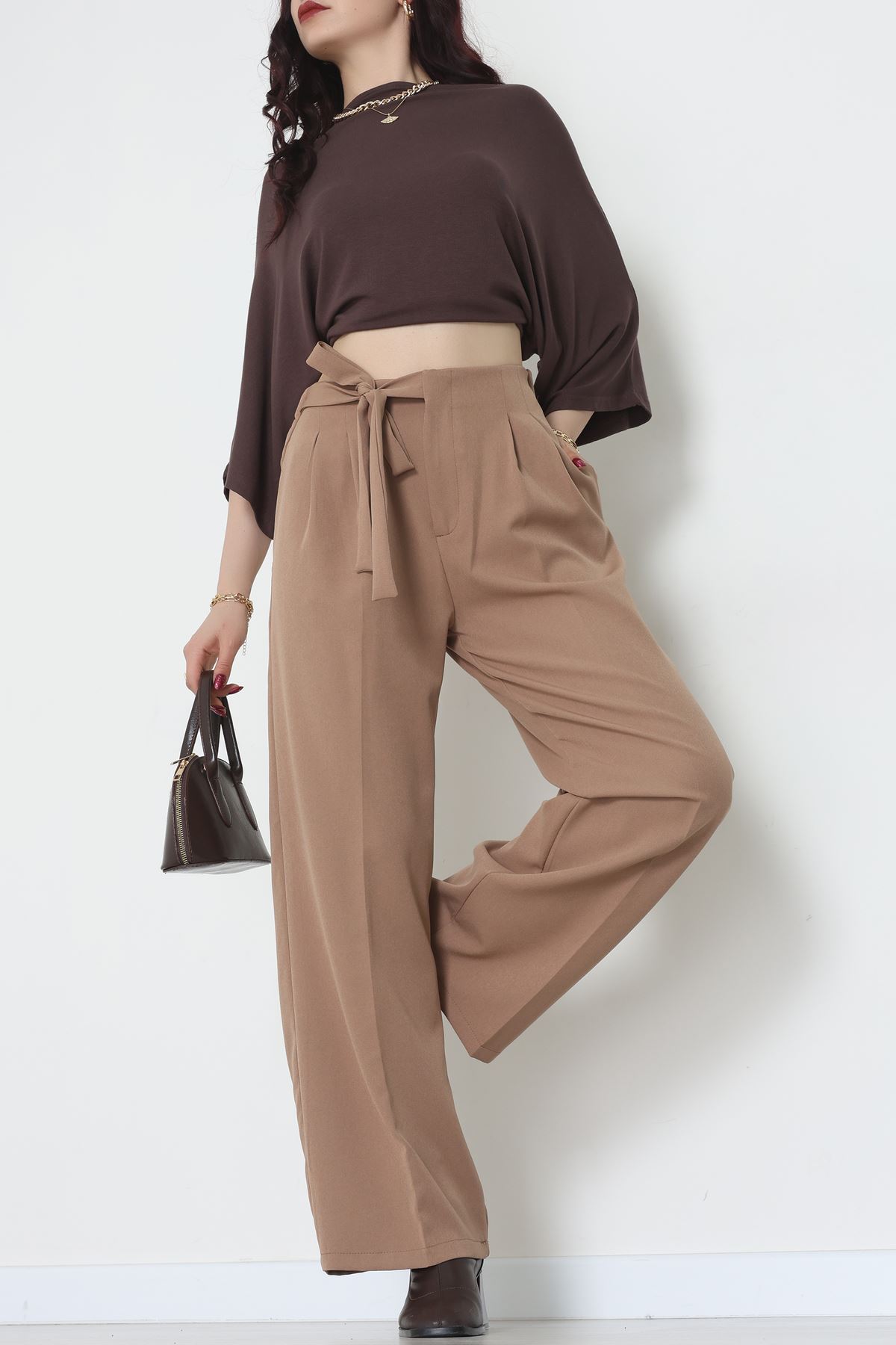 Yan Bağlama Detaylı Dabıl Kumaş Pantolon Latte - 51611.683.