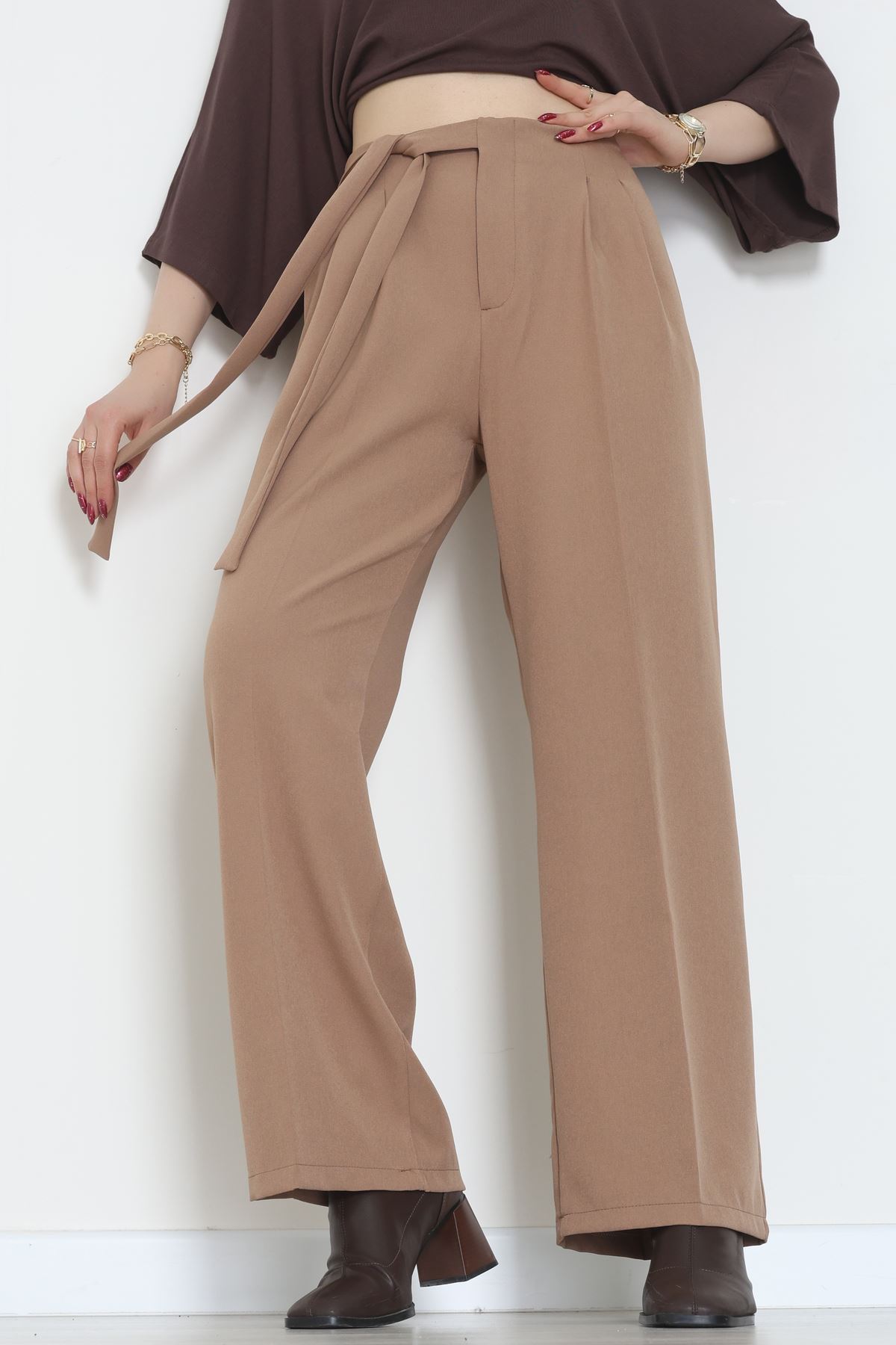 Yan Bağlama Detaylı Dabıl Kumaş Pantolon Latte - 51611.683.