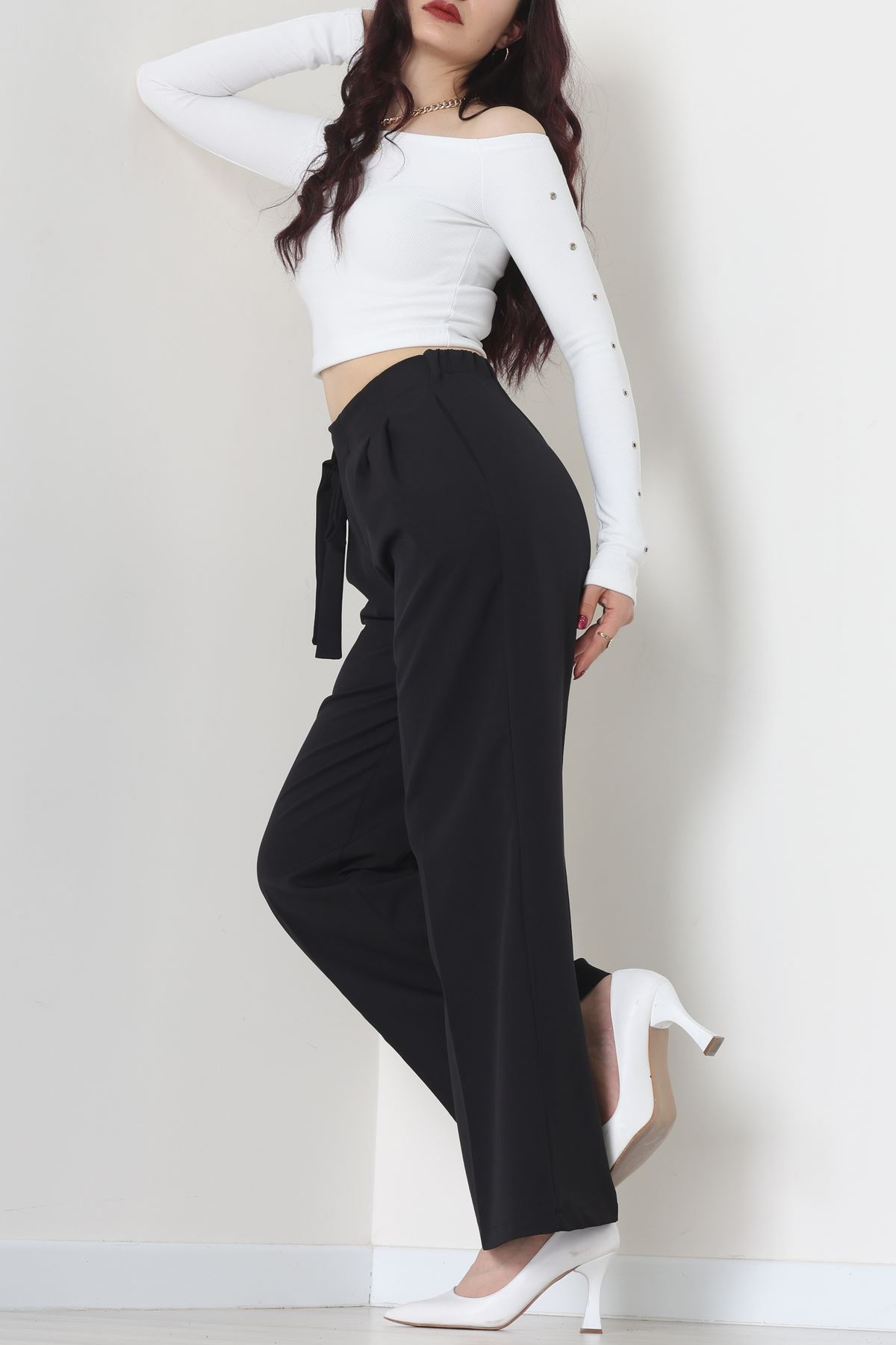 Yan Bağlama Detaylı Dabıl Kumaş Pantolon Siyah - 51611.683.
