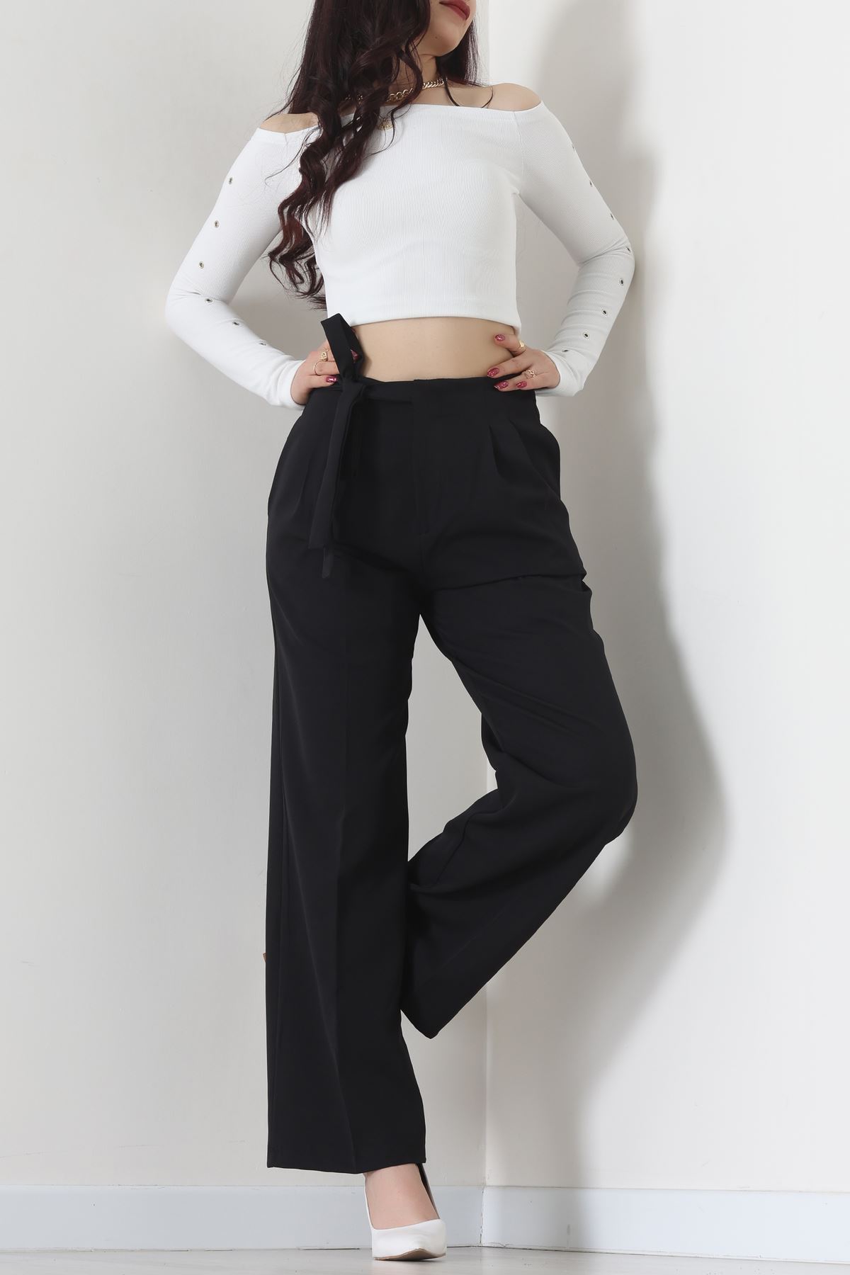 Yan Bağlama Detaylı Dabıl Kumaş Pantolon Siyah - 51611.683.