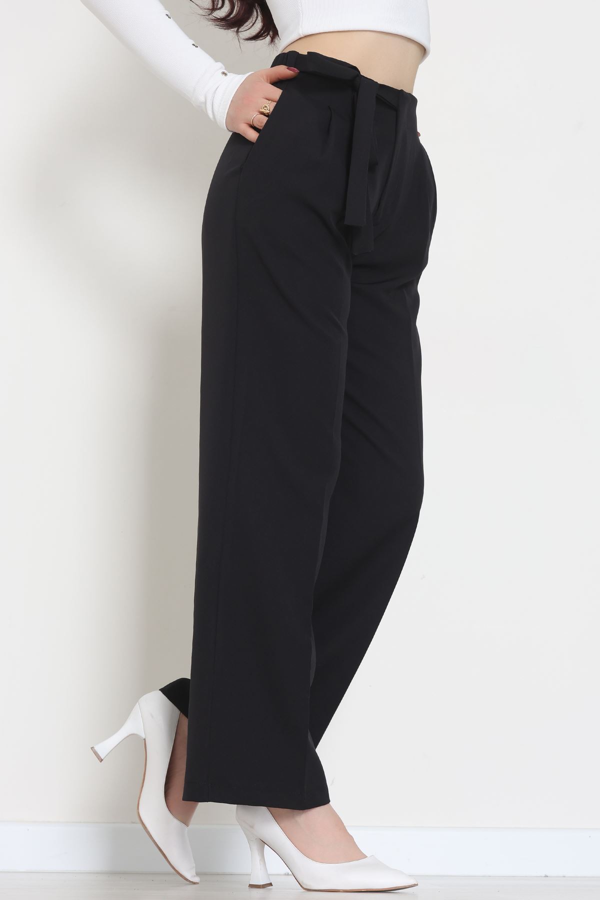 Yan Bağlama Detaylı Dabıl Kumaş Pantolon Siyah - 51611.683.