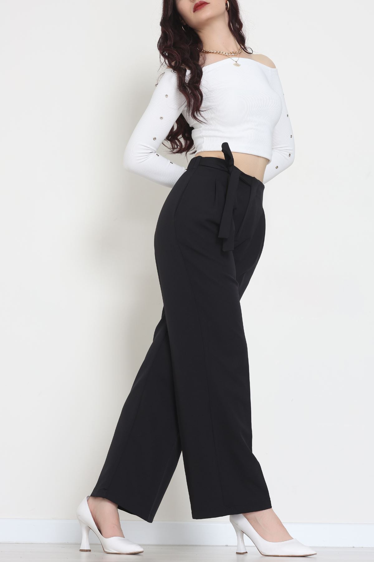 Yan Bağlama Detaylı Dabıl Kumaş Pantolon Siyah - 51611.683.