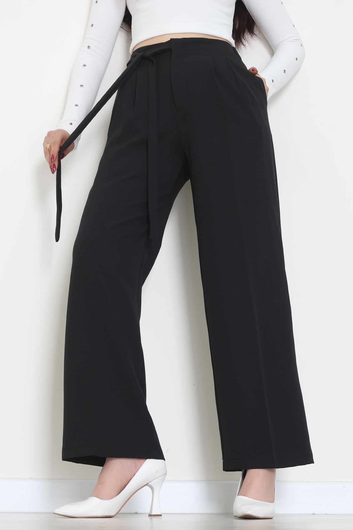 Yan Bağlama Detaylı Dabıl Kumaş Pantolon Siyah - 51611.683.