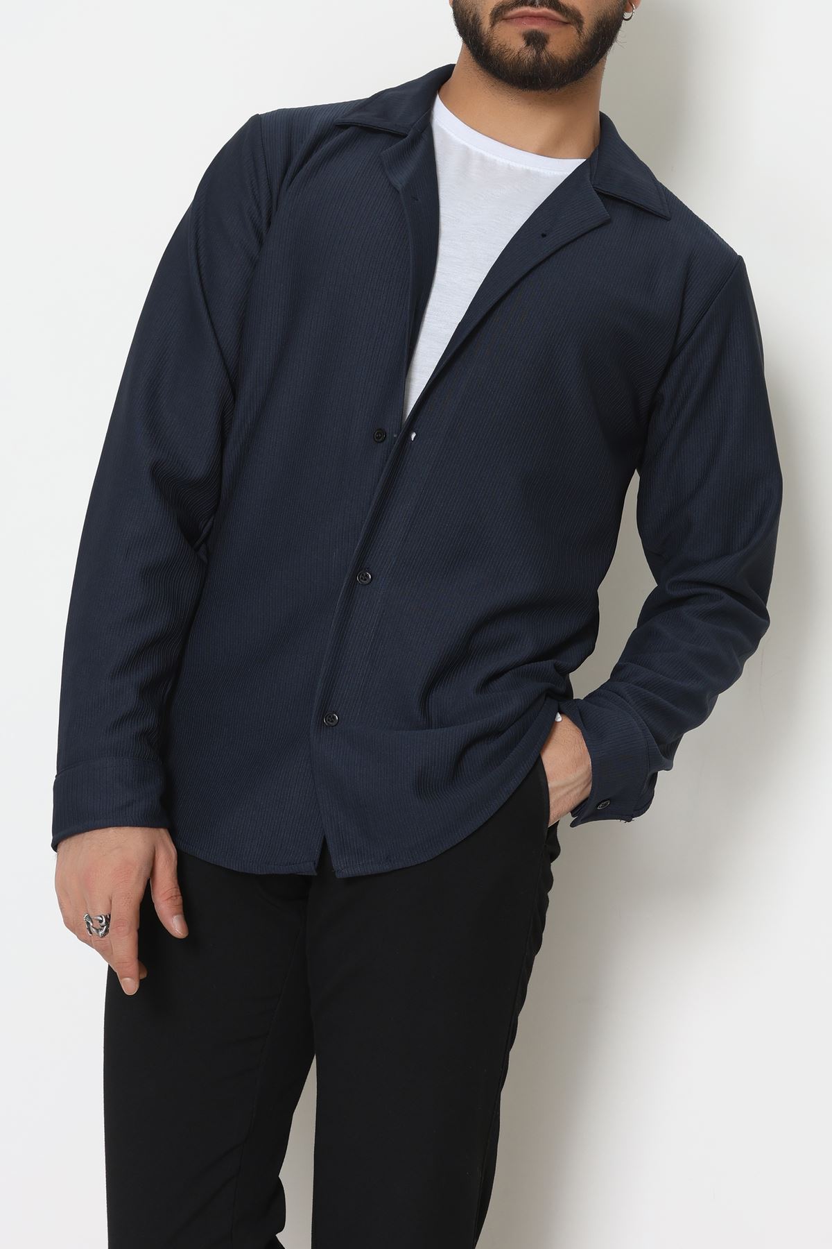 Zra Krep Fitilli Erkek Gömlek Lacivert - 31804.1937.