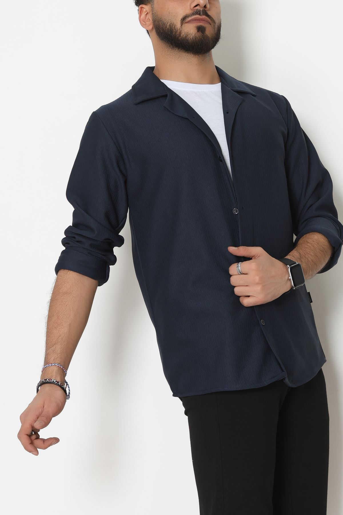 Zra Krep Fitilli Erkek Gömlek Lacivert - 31804.1937.