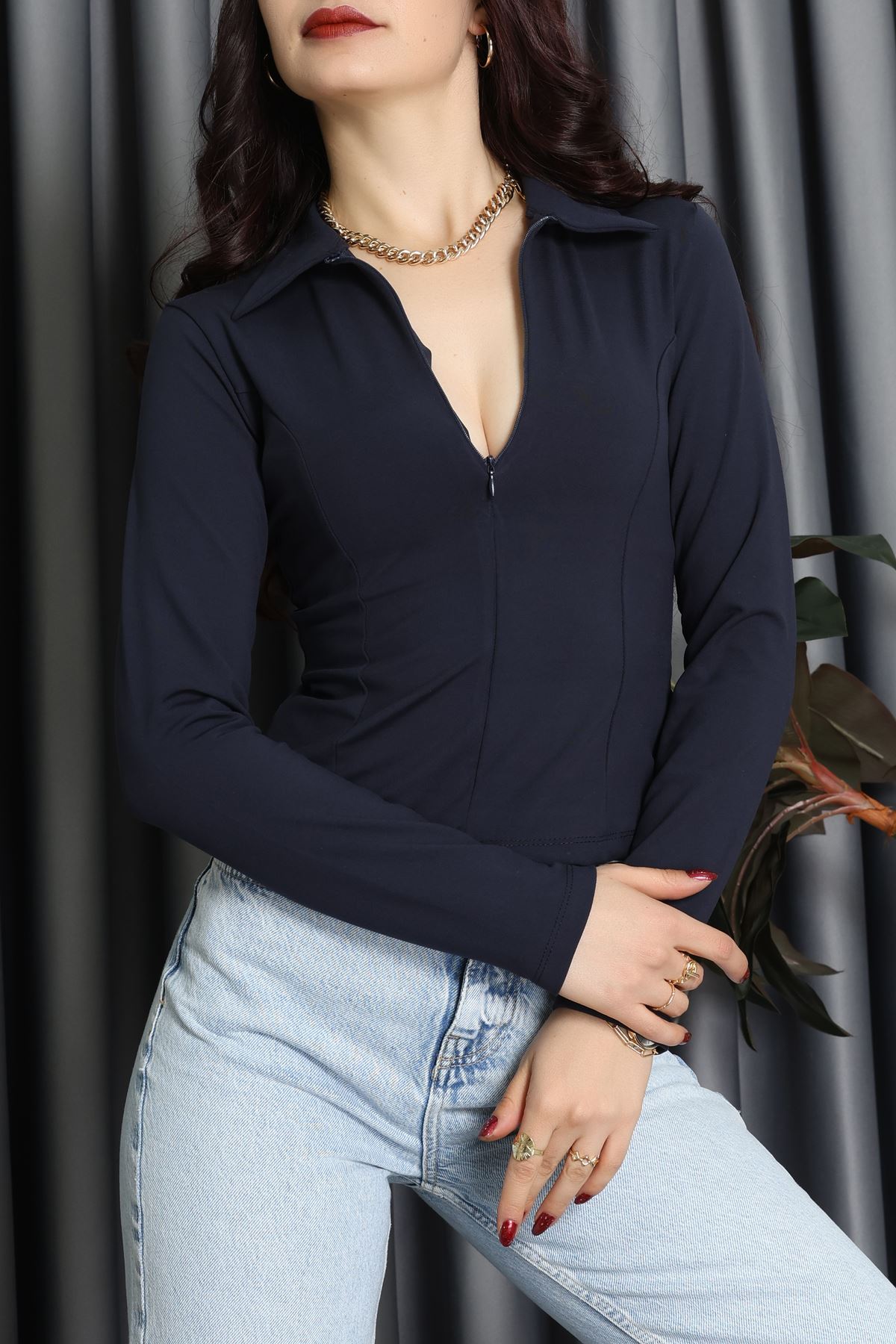 Modal Kumaş Polo Yaka Bluz Lacivert - 71793.444.