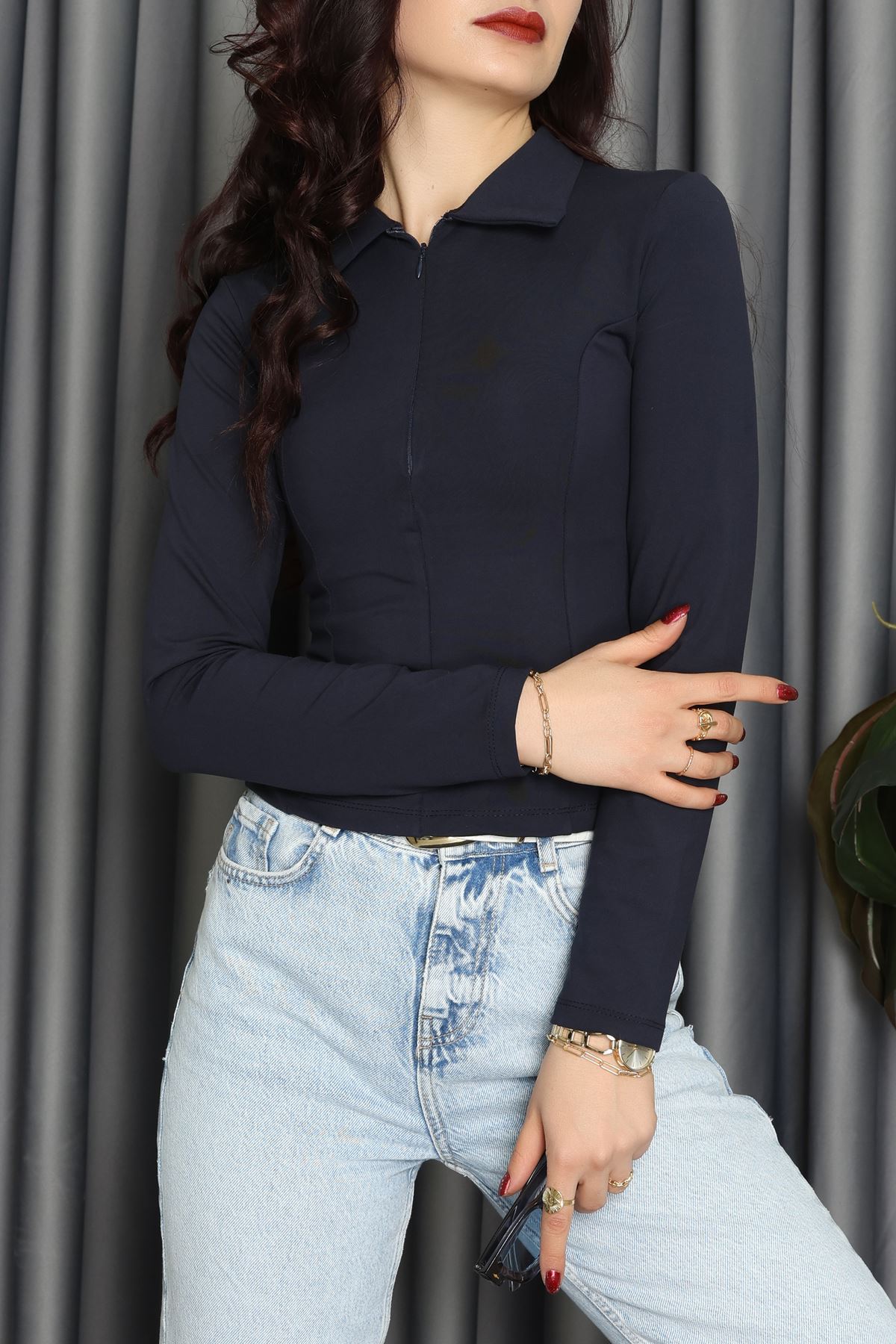 Modal Kumaş Polo Yaka Bluz Lacivert - 71793.444.