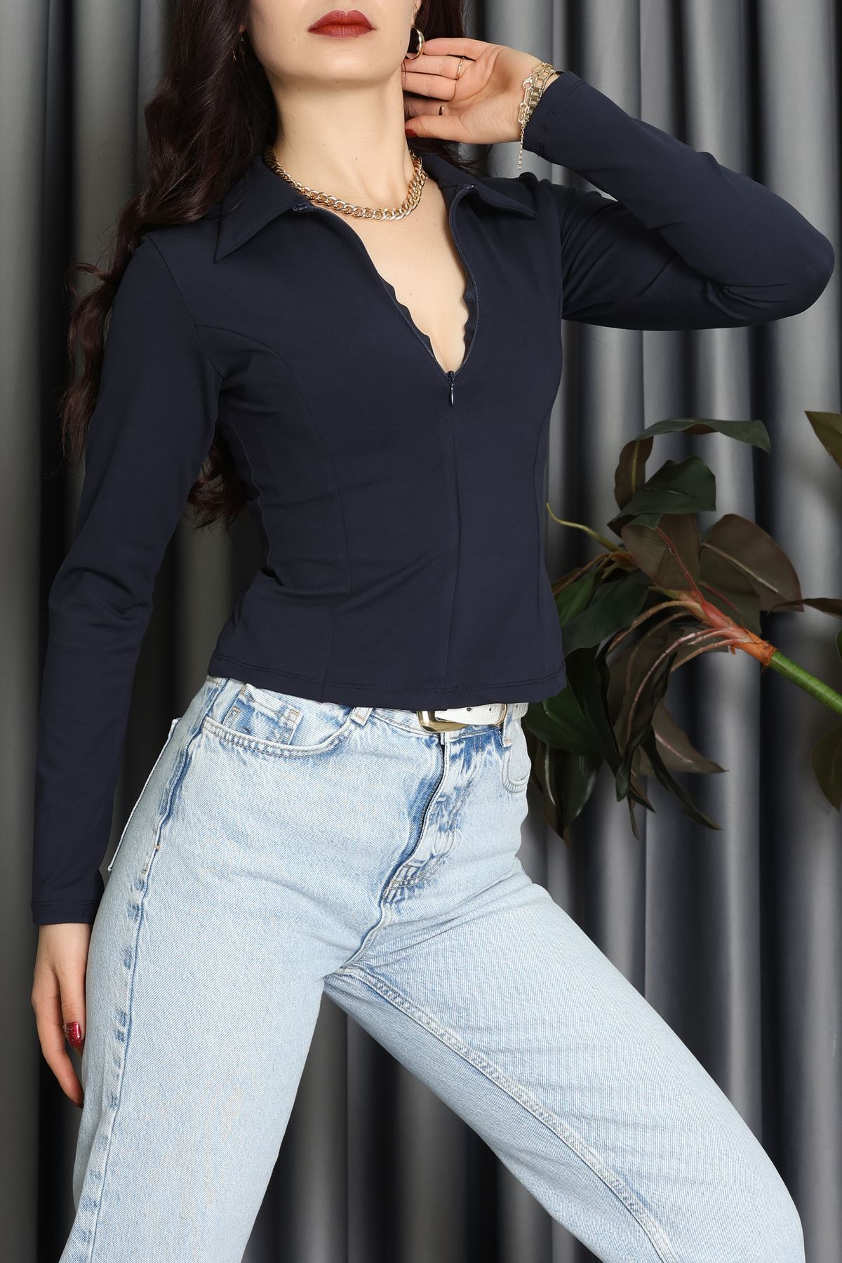 Modal Kumaş Polo Yaka Bluz Lacivert - 71793.444.