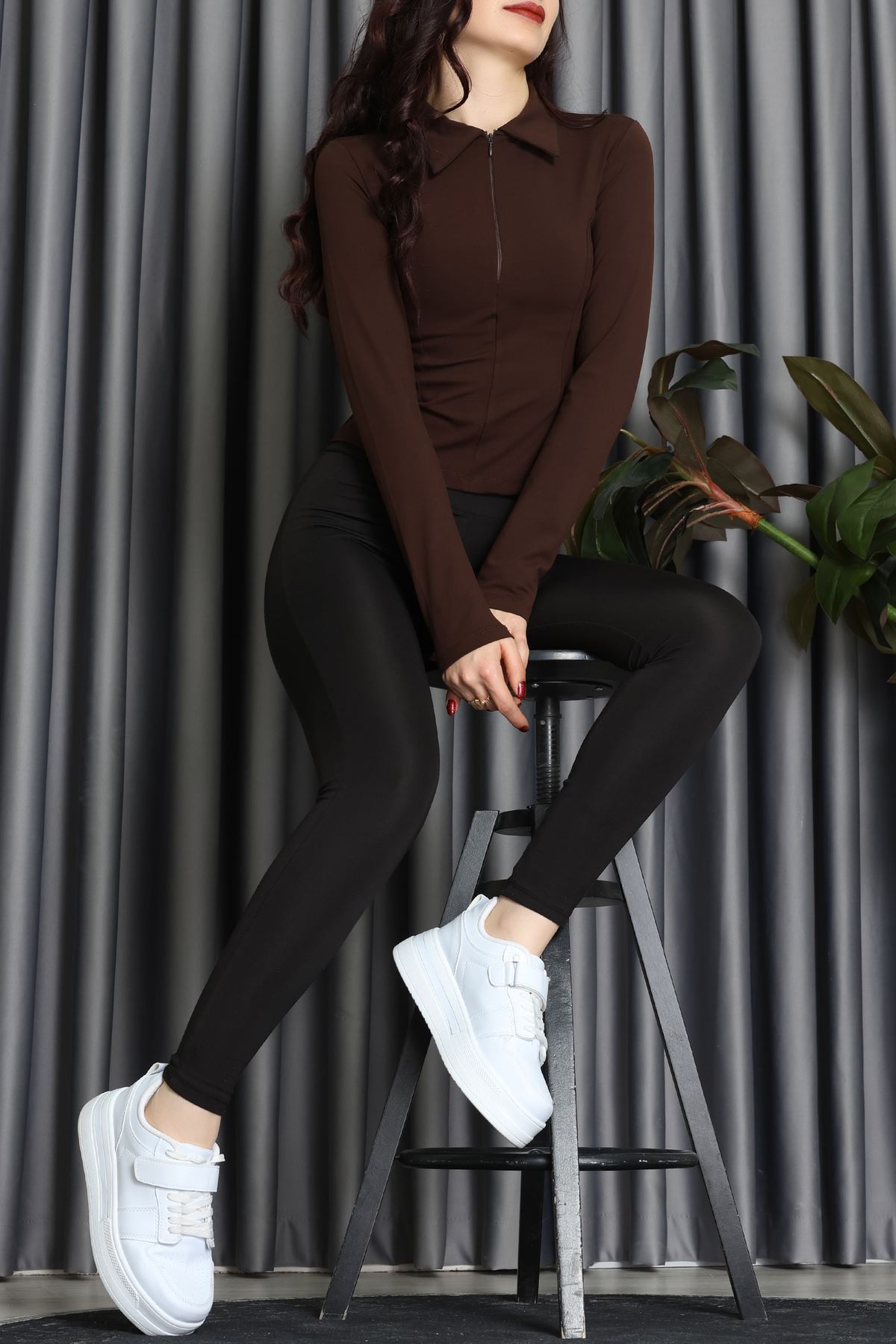 Modal Kumaş Polo Yaka Bluz Kahve - 71793.444.