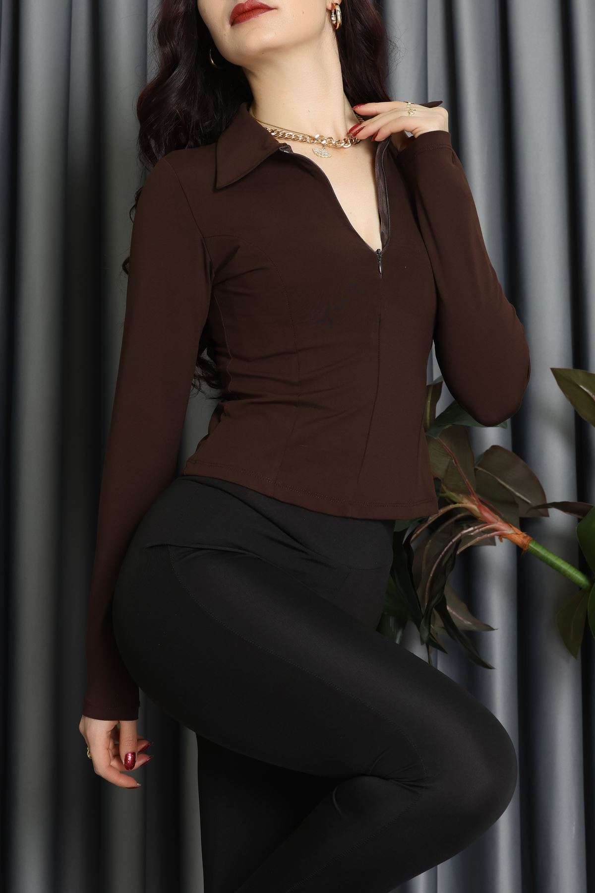 Modal Kumaş Polo Yaka Bluz Kahve - 71793.444.