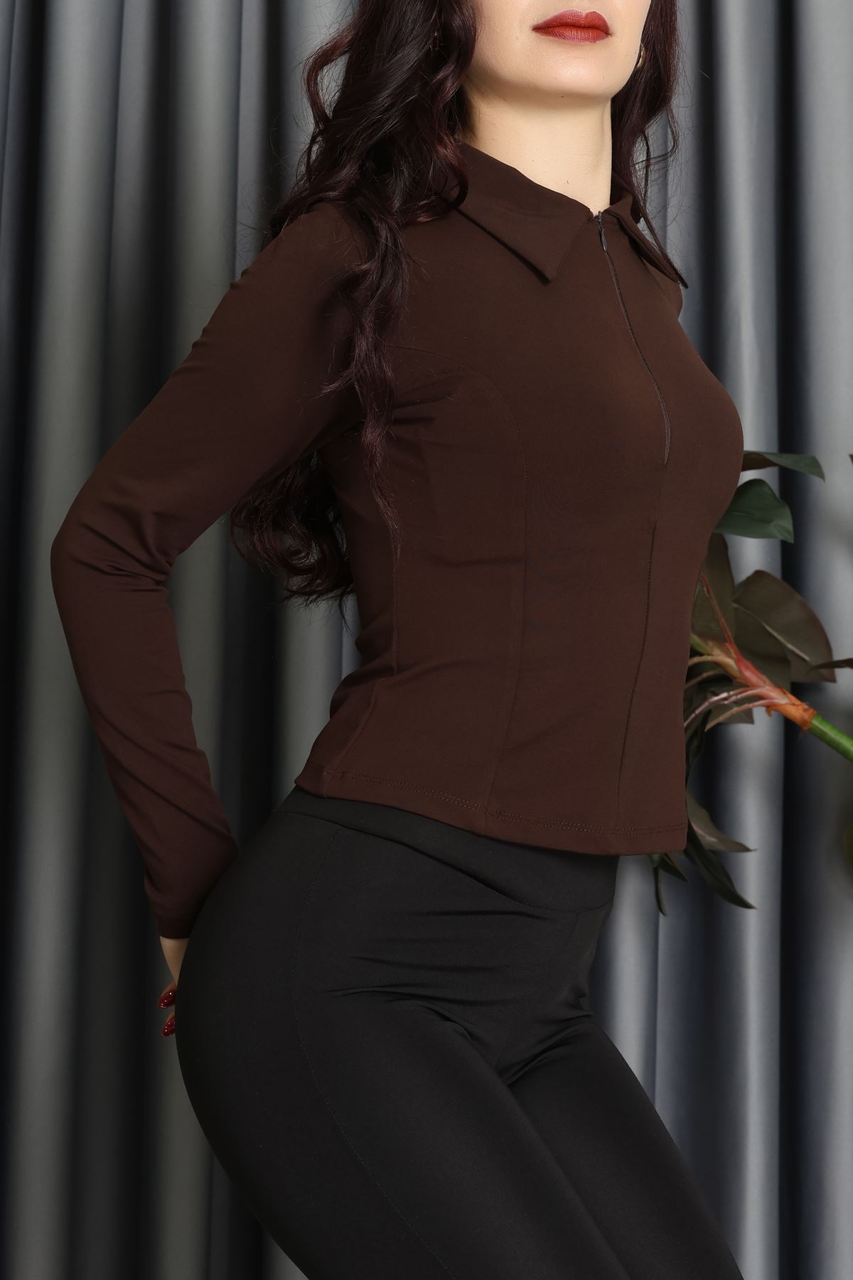 Modal Kumaş Polo Yaka Bluz Kahve - 71793.444.