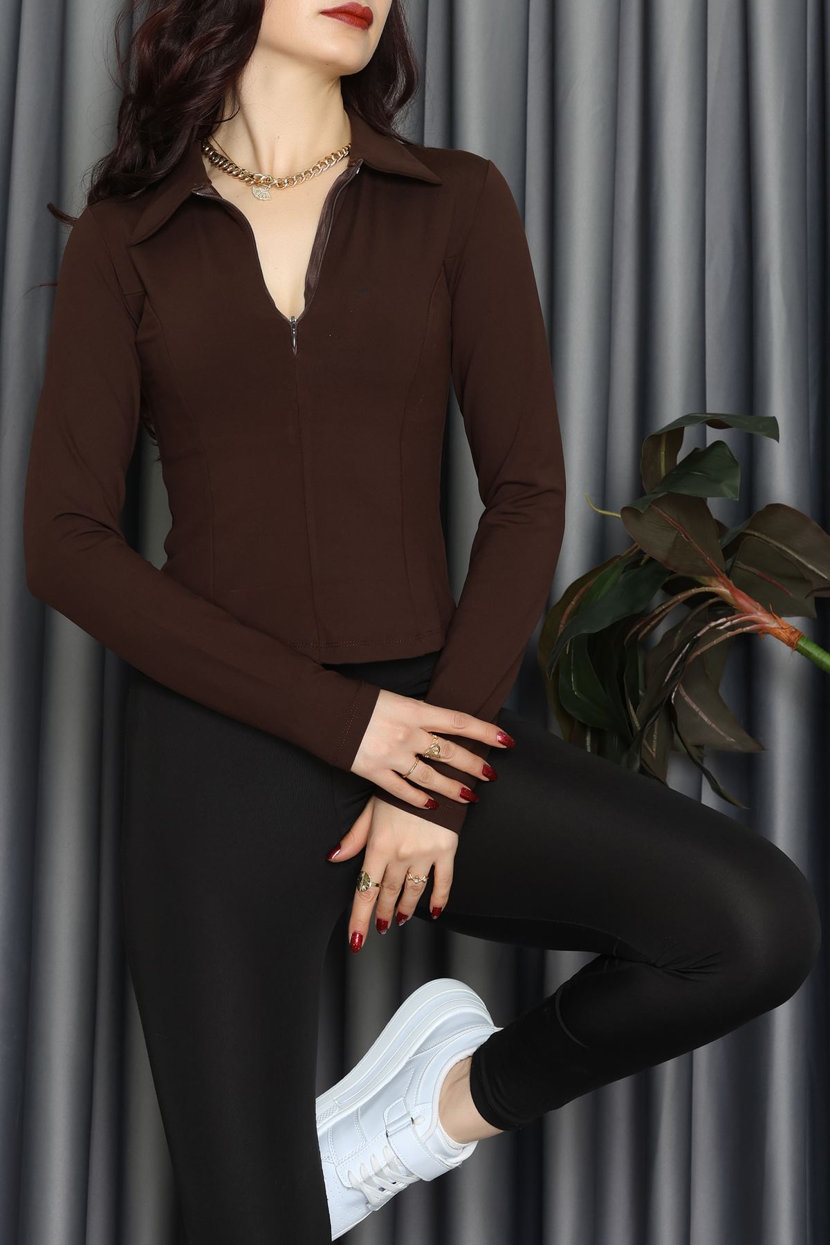 Modal Kumaş Polo Yaka Bluz Kahve - 71793.444.