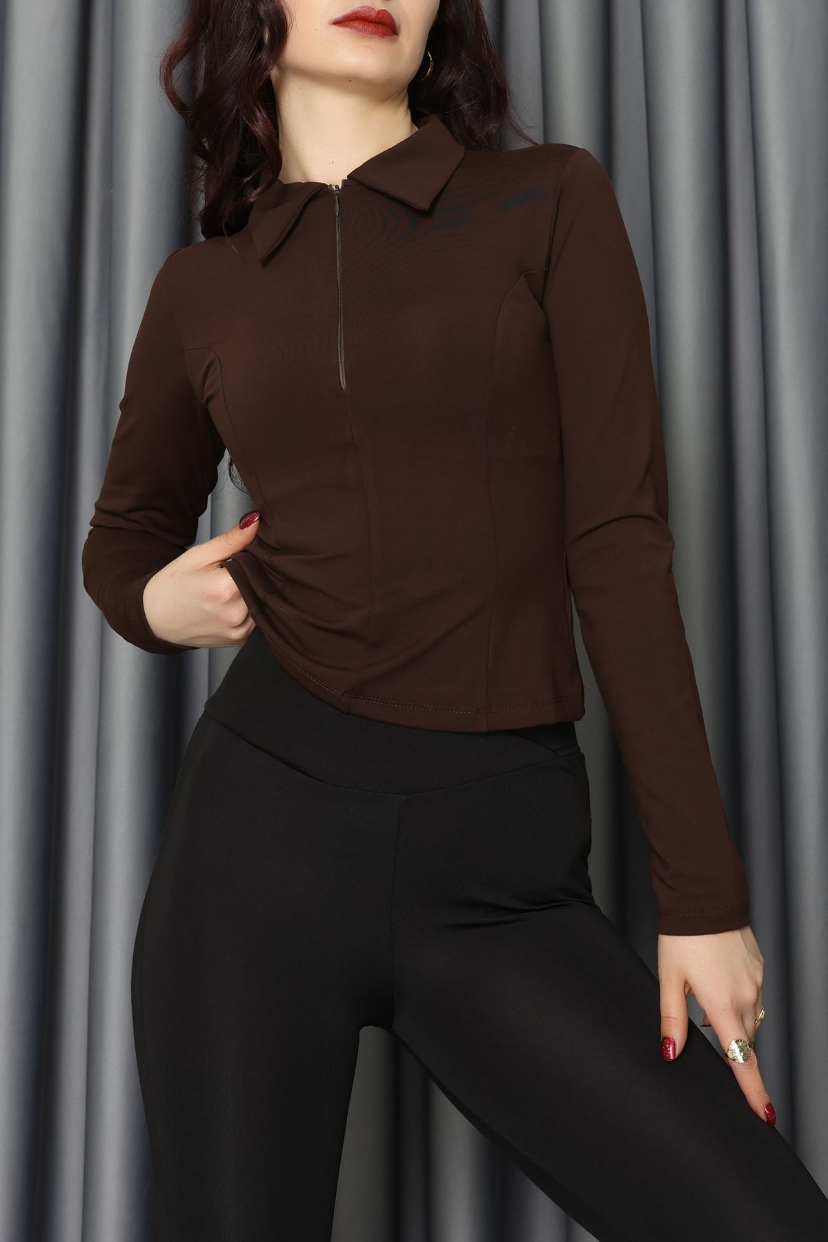 Modal Kumaş Polo Yaka Bluz Kahve - 71793.444.