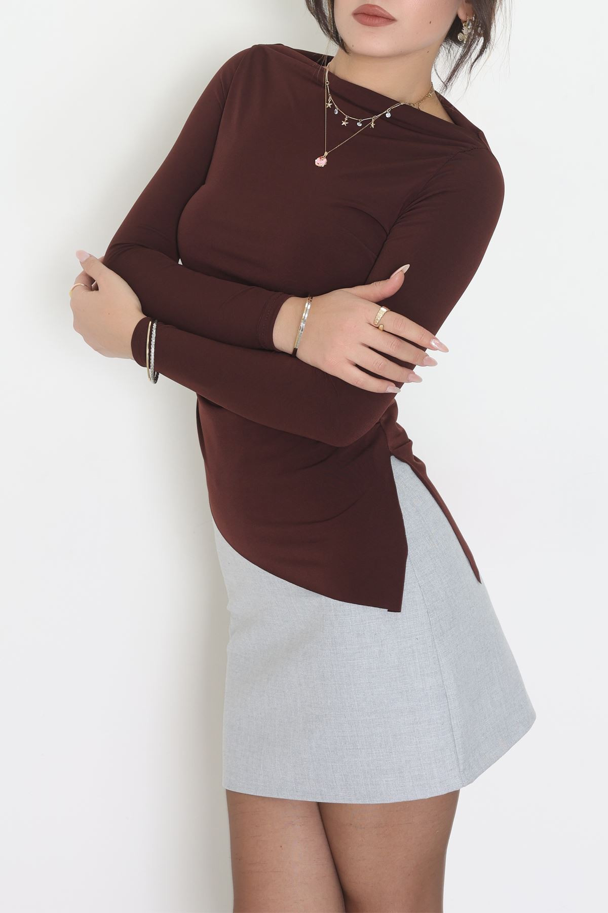 Sandy Yandan Drapeli Asimetrik Bluz Kahve - 42801.1949.