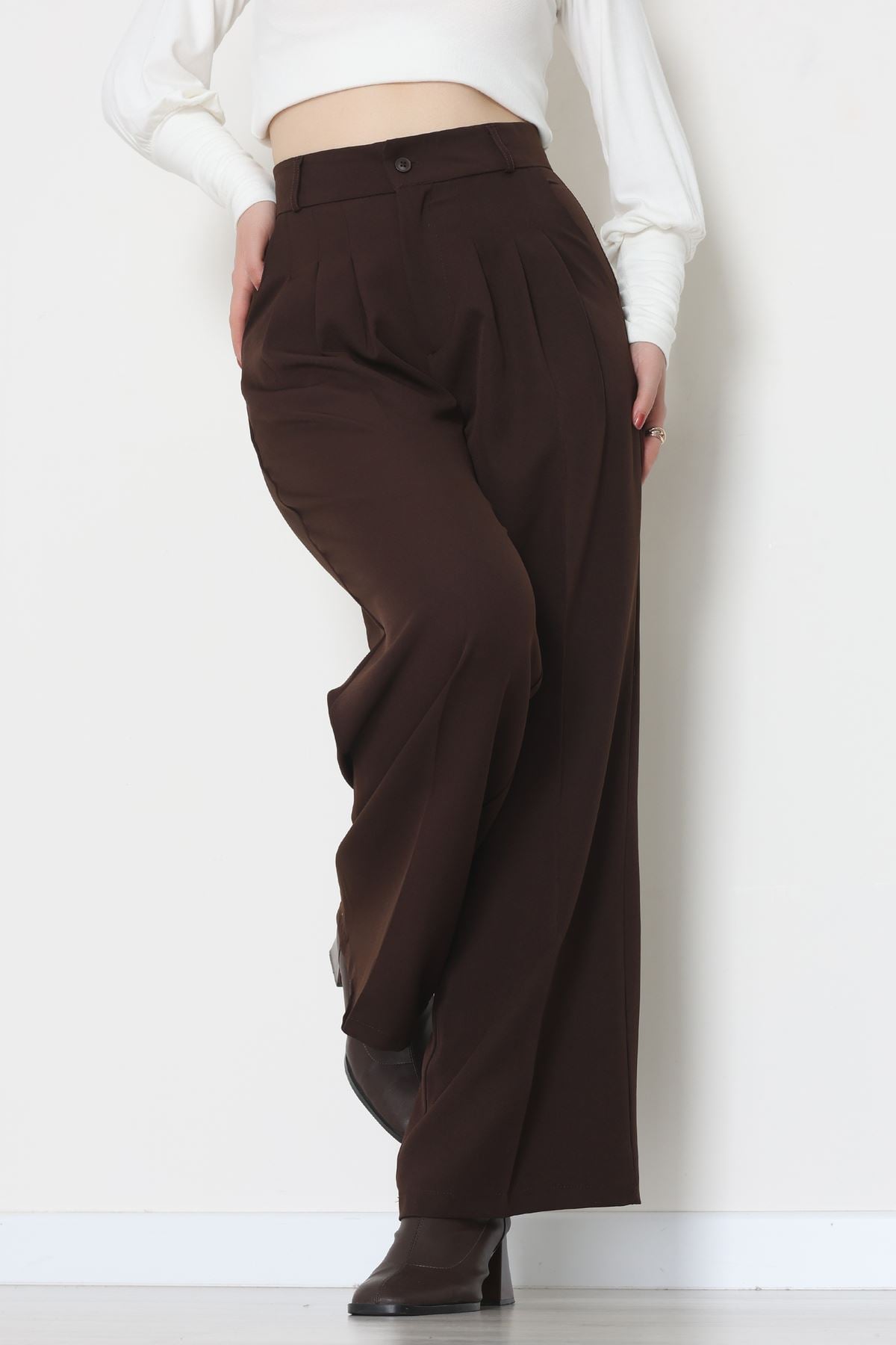 Premium Pileli Palazzo Pantolon Acıkahve - 51609.683.