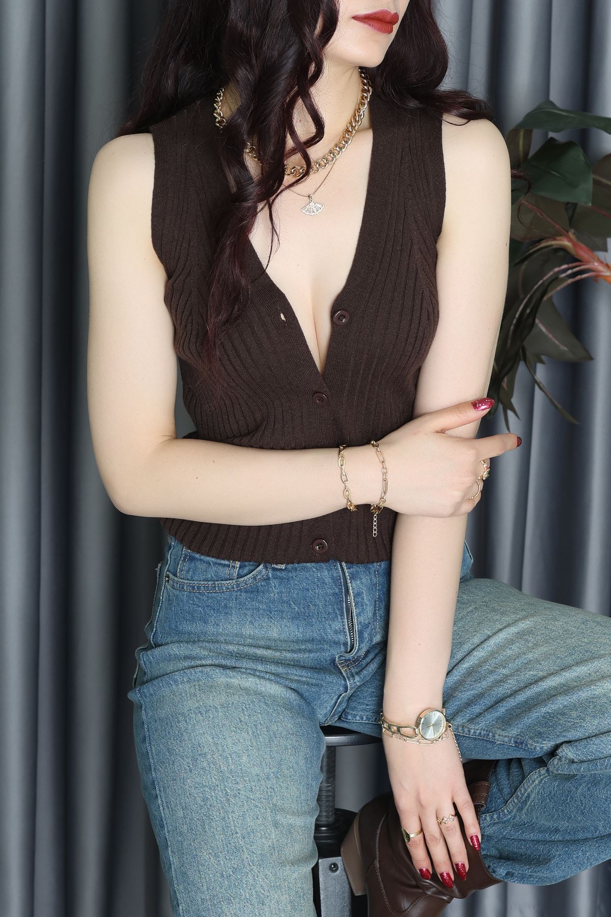 Kolsuz Düğmeli Triko Bluz Acıkahve - 71761.444.