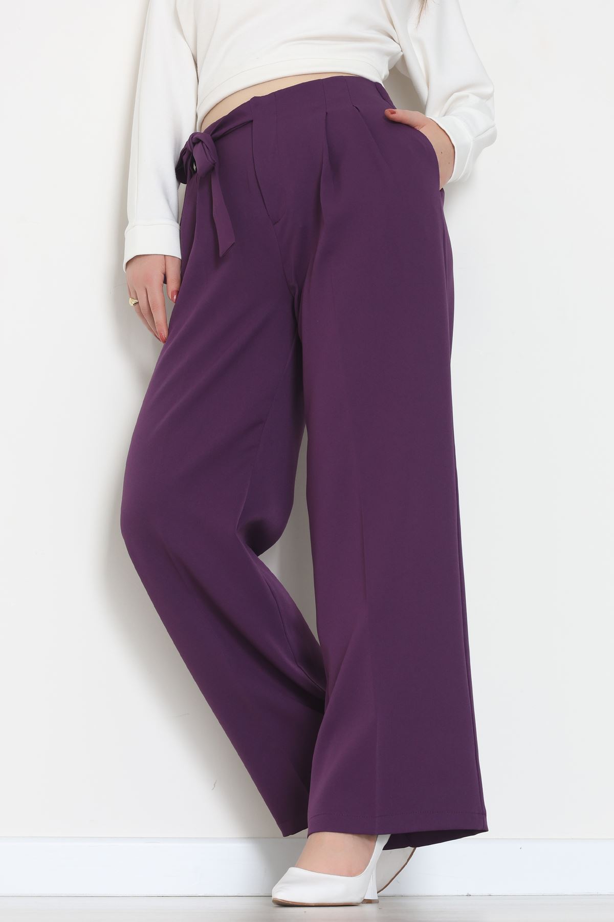Yan Bağlama Detaylı Dabıl Kumaş Pantolon Mor - 51611.683.