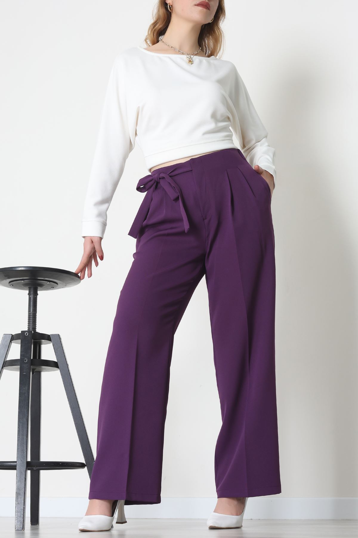 Yan Bağlama Detaylı Dabıl Kumaş Pantolon Mor - 51611.683.