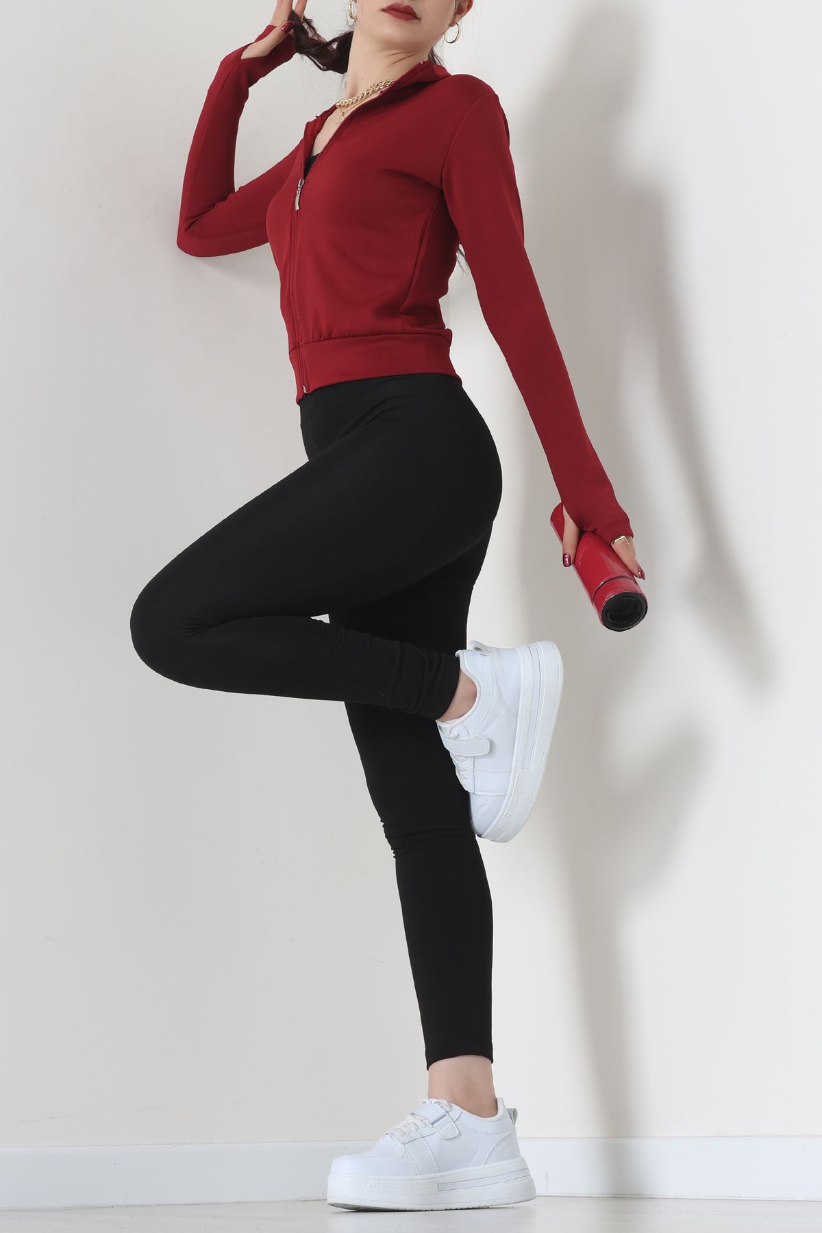 Double Krep Kumaş Parmak Geçmeli Fermuarlı Ceket Bordo - 42782.1567.