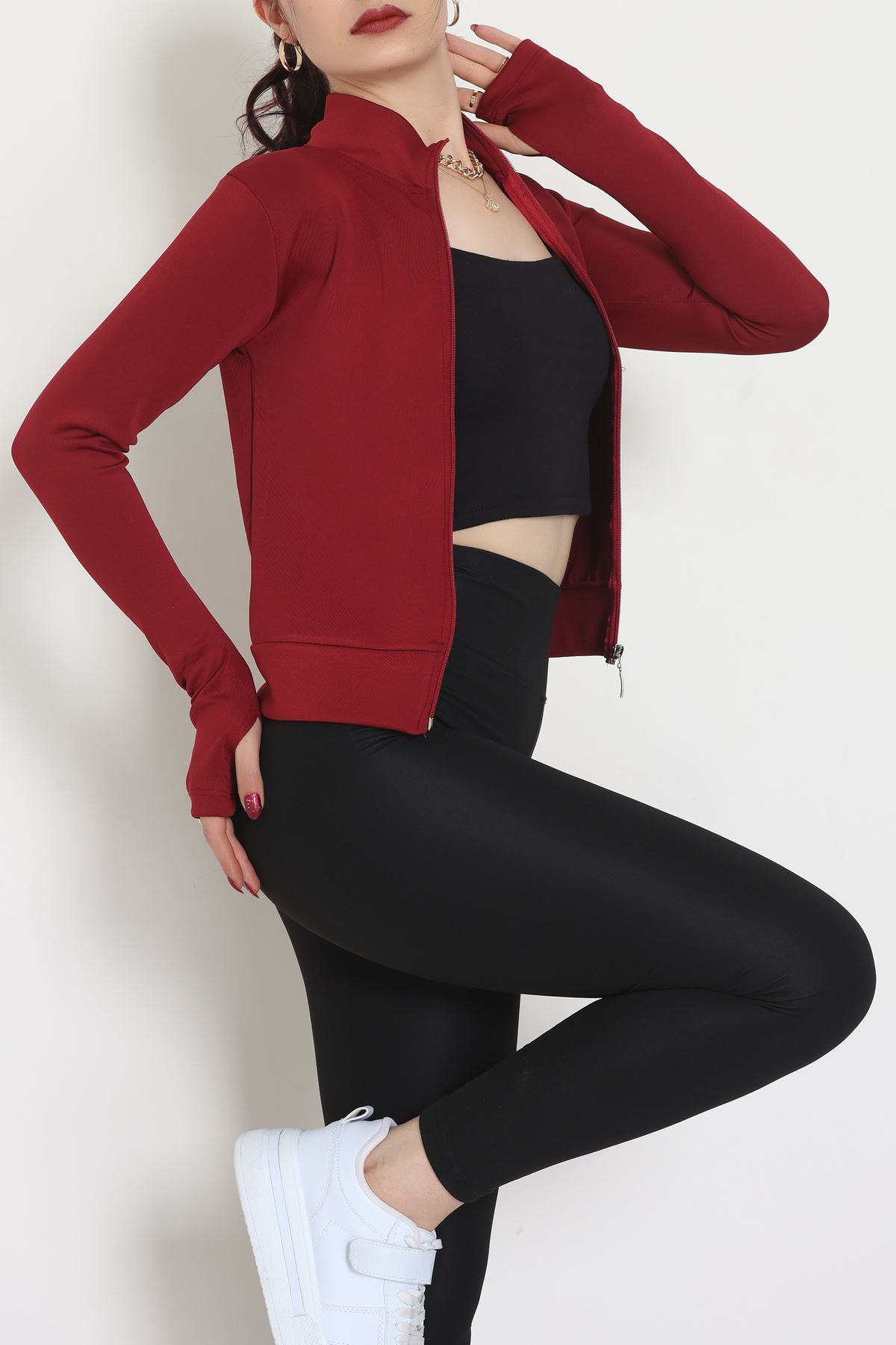 Double Krep Kumaş Parmak Geçmeli Fermuarlı Ceket Bordo - 42782.1567.