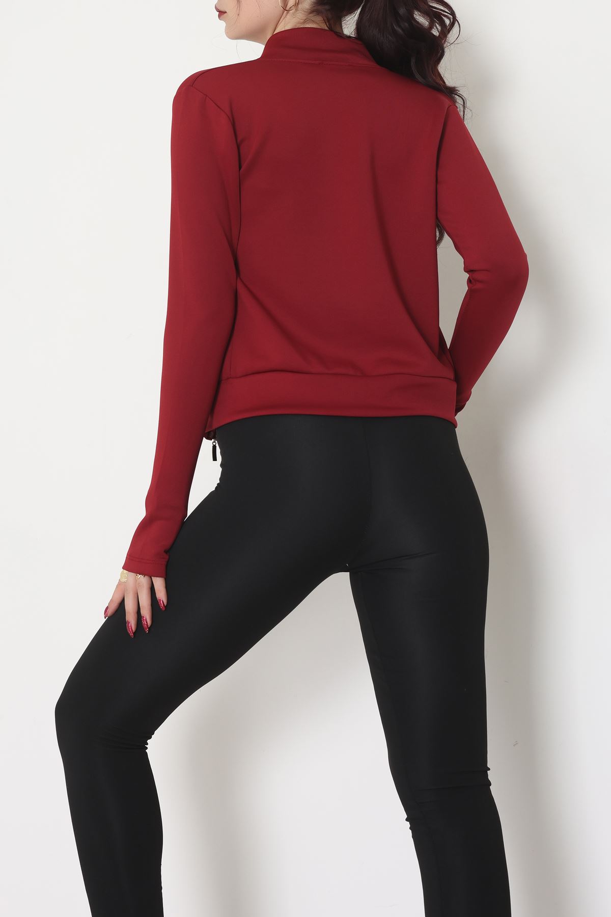 Double Krep Kumaş Parmak Geçmeli Fermuarlı Ceket Bordo - 42782.1567.