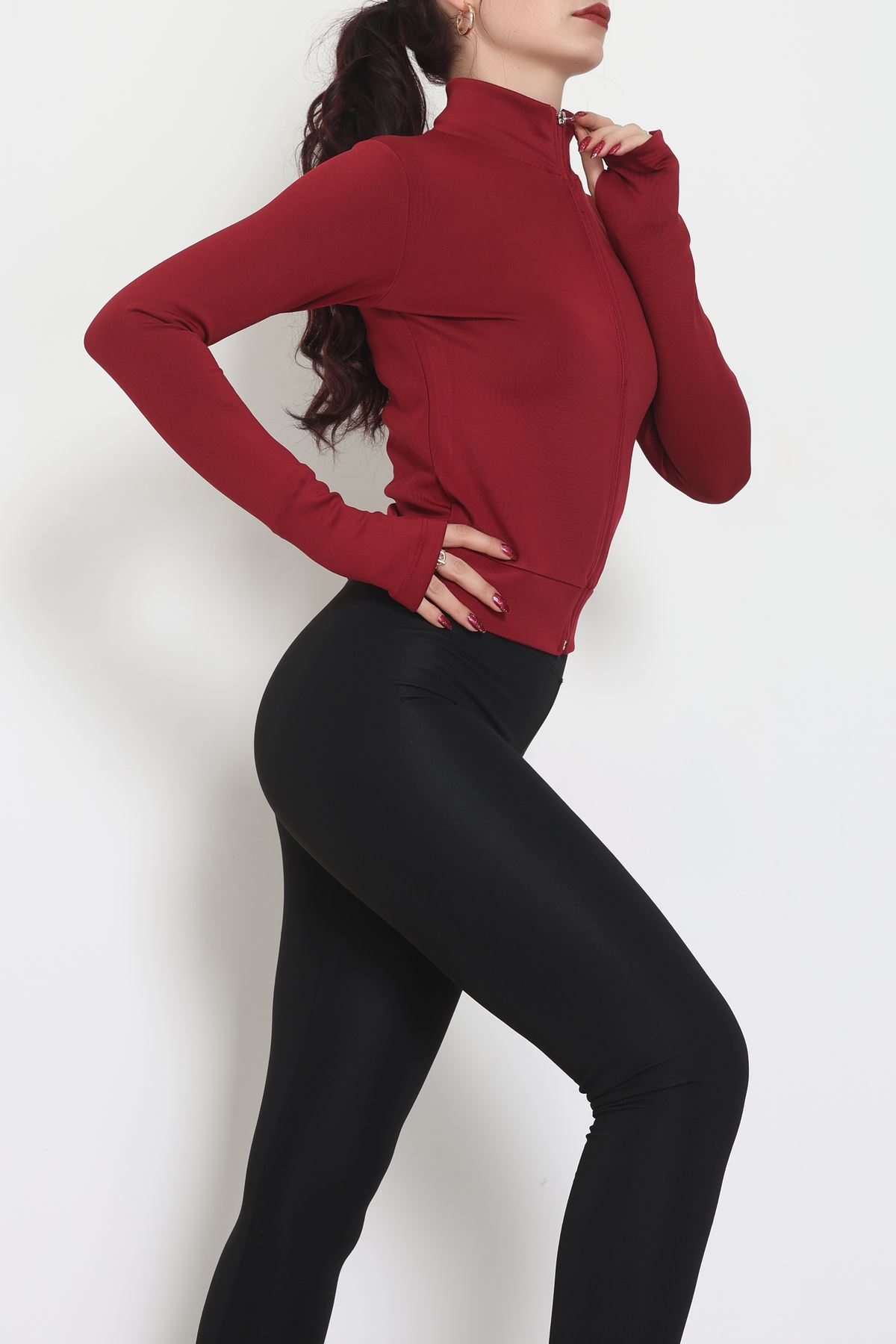 Double Krep Kumaş Parmak Geçmeli Fermuarlı Ceket Bordo - 42782.1567.