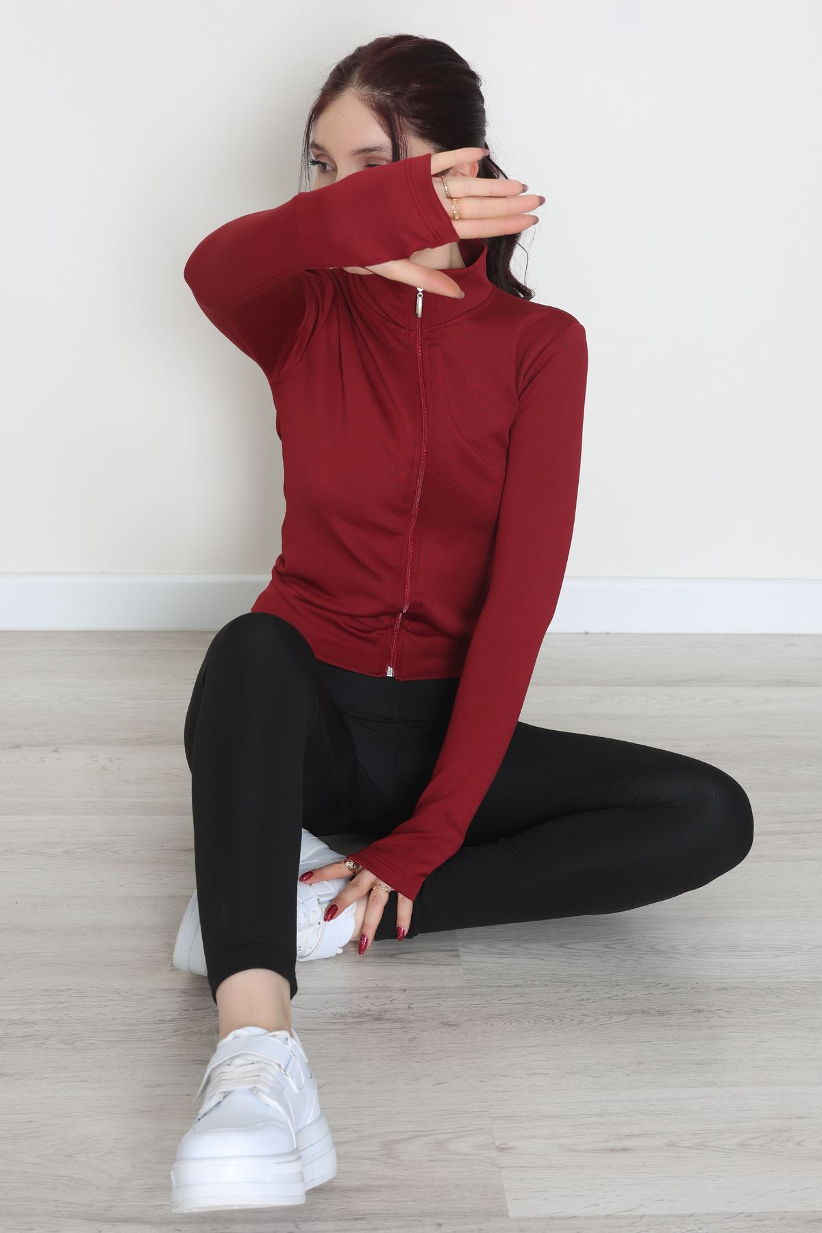 Double Krep Kumaş Parmak Geçmeli Fermuarlı Ceket Bordo - 42782.1567.