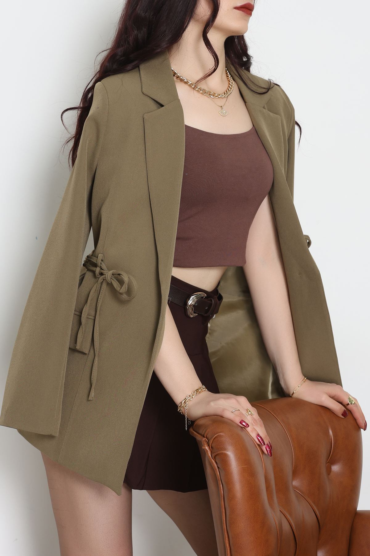 Bağlamalı Astarlı Blazer Ceket Haki - 31815.1991.