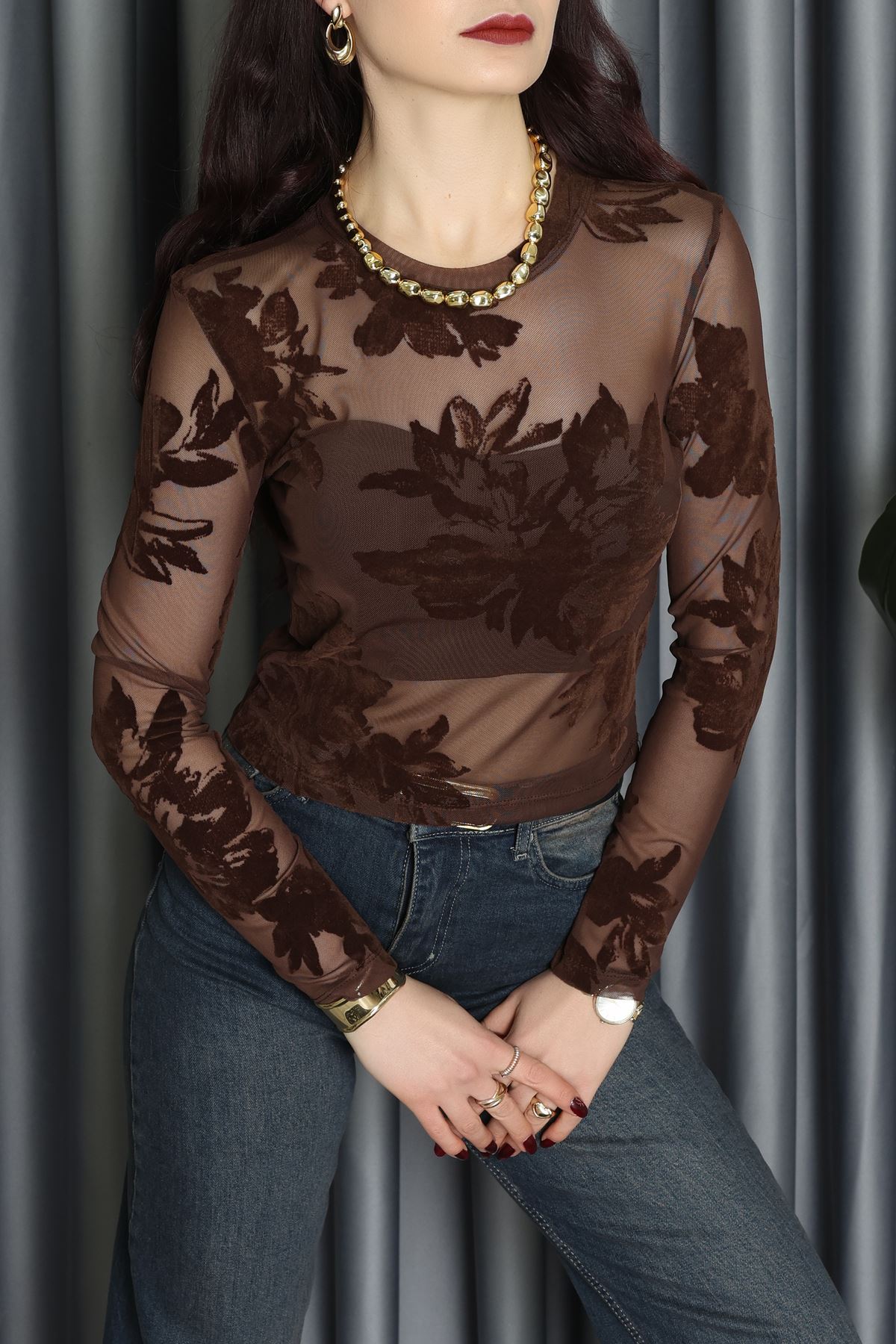 Transparan Şifon Bluz Kahve - 70848.2078.