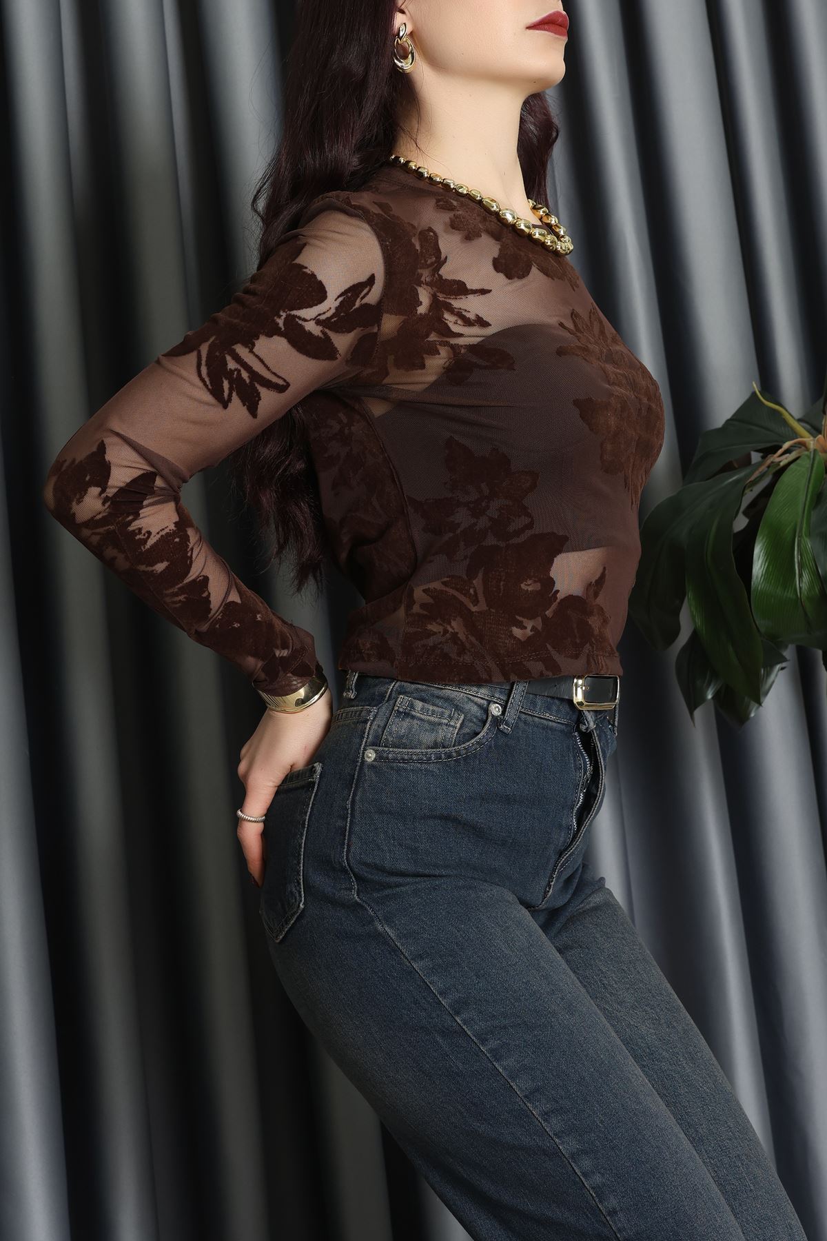 Transparan Şifon Bluz Kahve - 70848.2078.