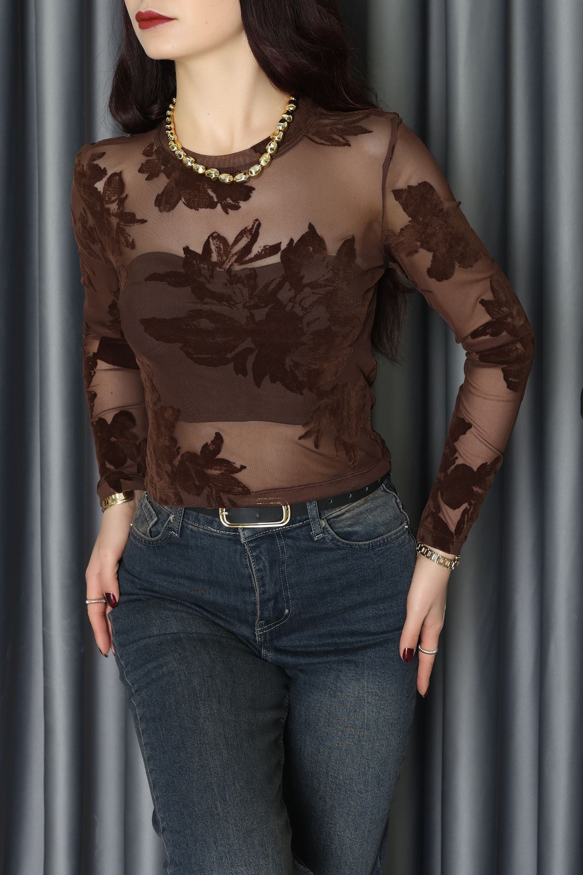 Transparan Şifon Bluz Kahve - 70848.2078.