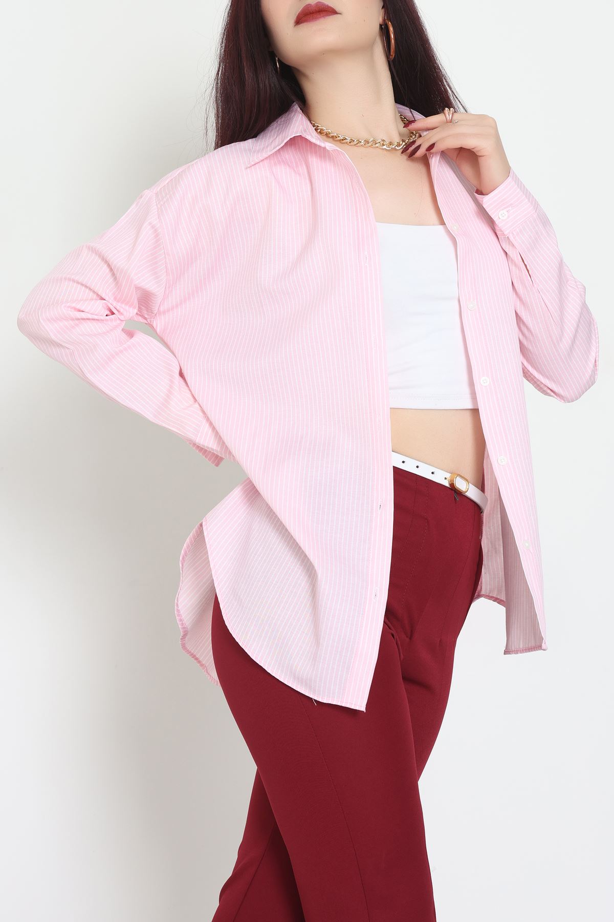 Pamuk Polyester Çizgili Oversize Gömlek Pembe - 51052.147.