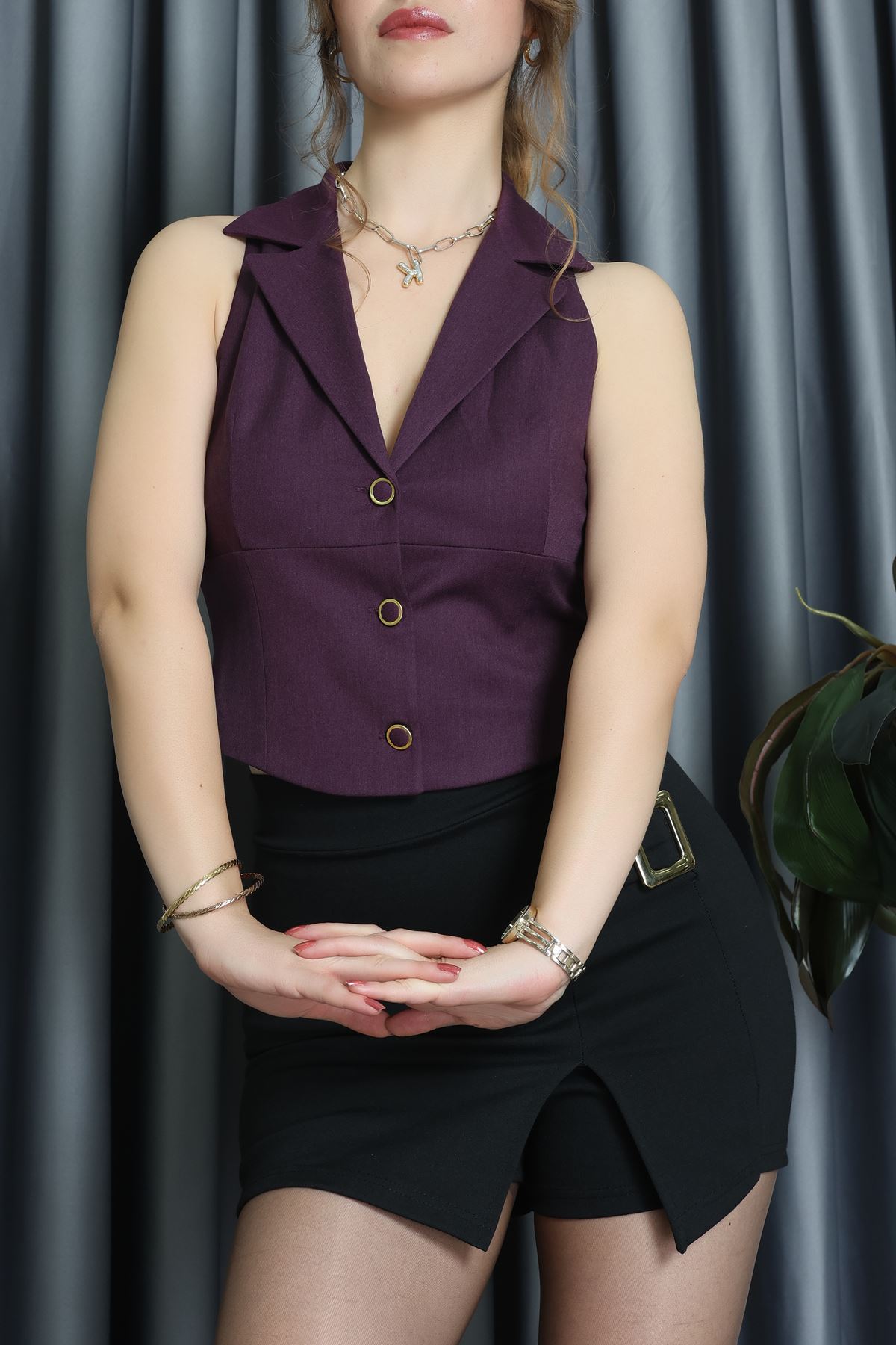 Lefon Kruvaze Kesim Dabıl Yelek Mürdüm - 120693.444.