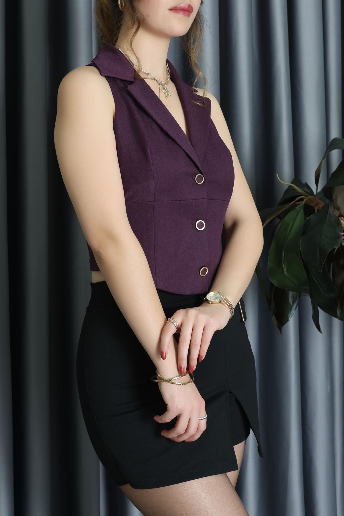 Lefon Kruvaze Kesim Dabıl Yelek Mürdüm - 120693.444.