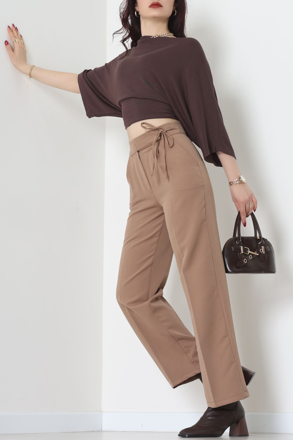 Double Kumaş İp Bağlamalı Palazzo Pantolon Sütlükahve - 51268.683.