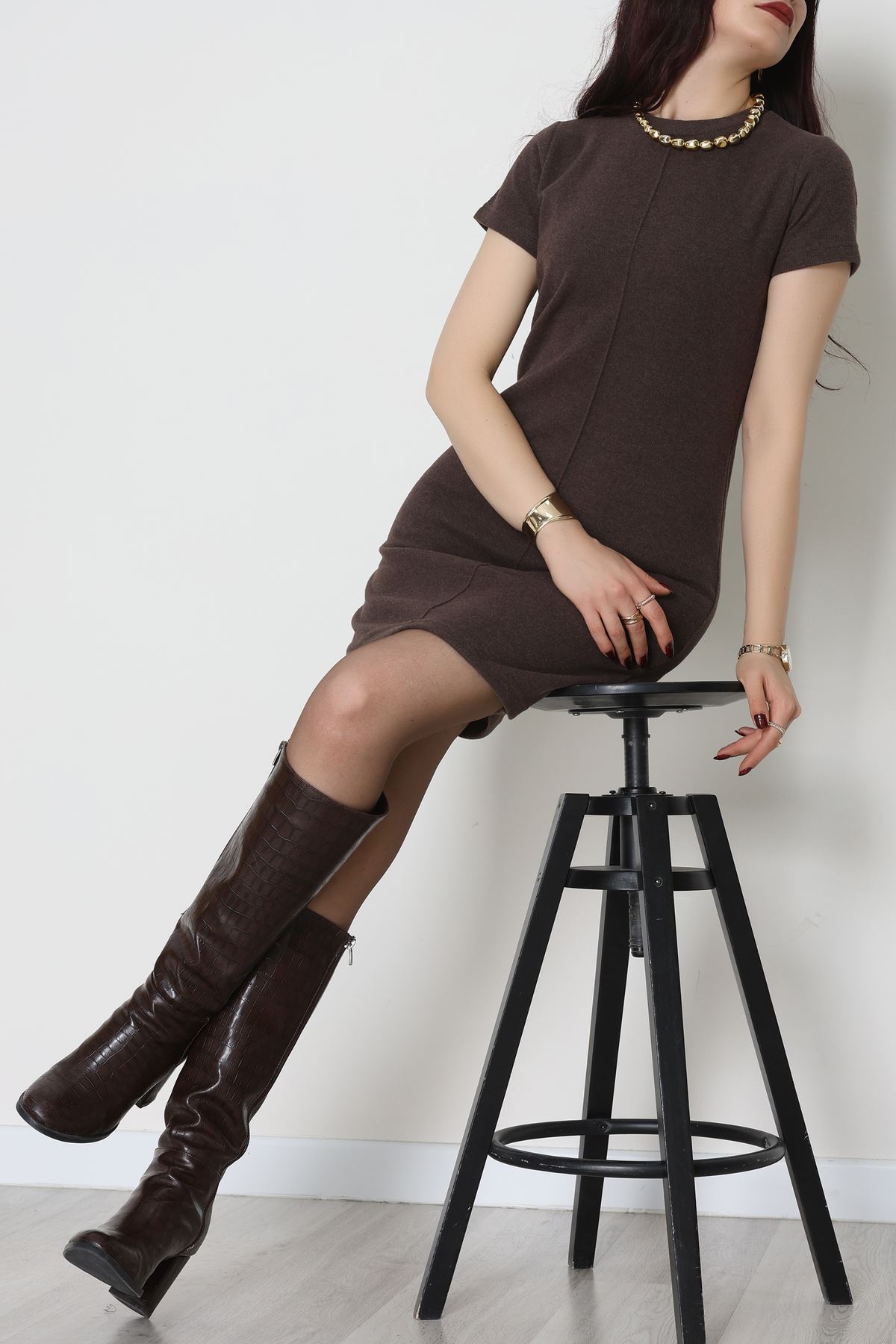 Bisiklet Yaka Selanik Kumaş Elbise Acıkahve - 70823.1567.