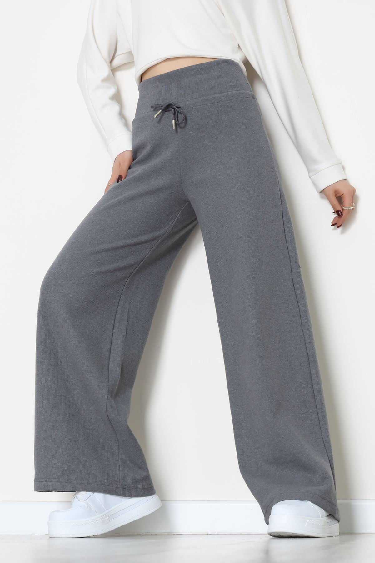 Selanik Kumaş Lastikli Palazzo Pantolon Antrasit - 51227.1567.