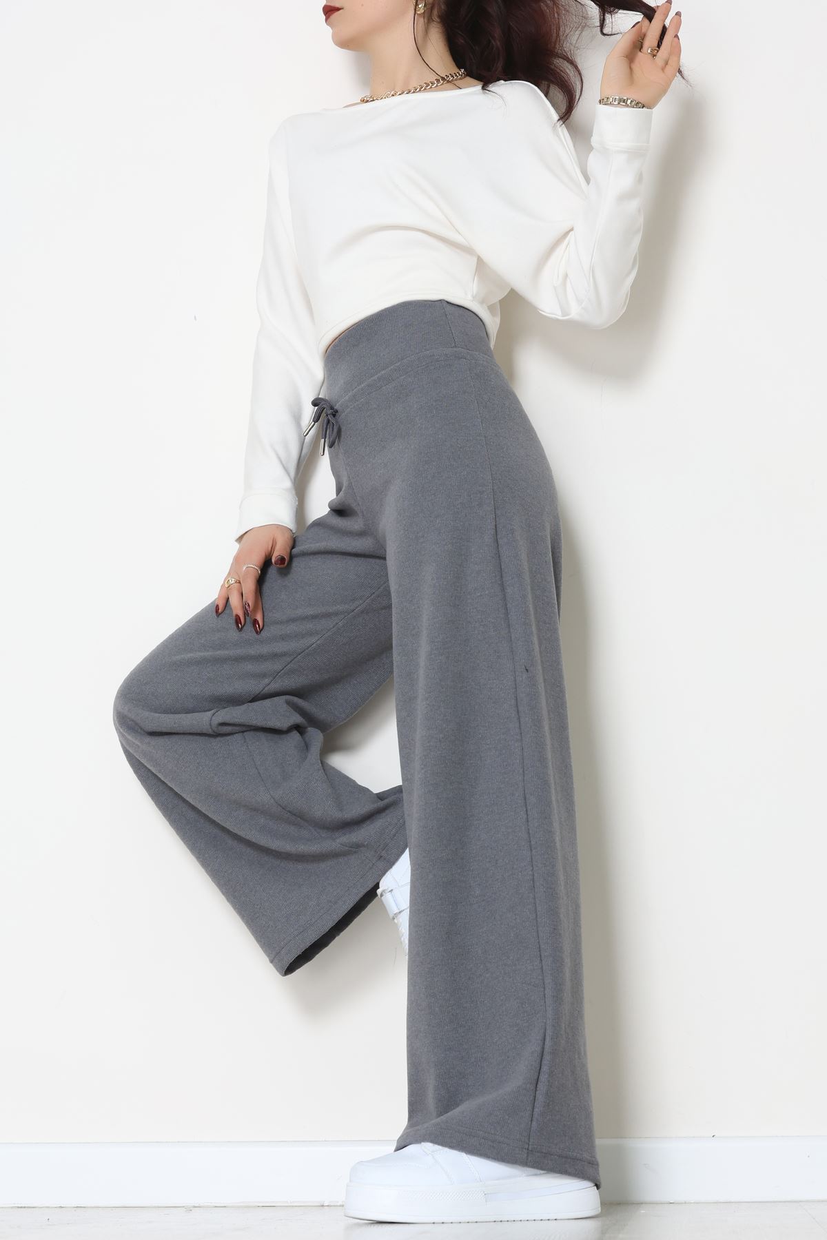 Selanik Kumaş Lastikli Palazzo Pantolon Antrasit - 51227.1567.