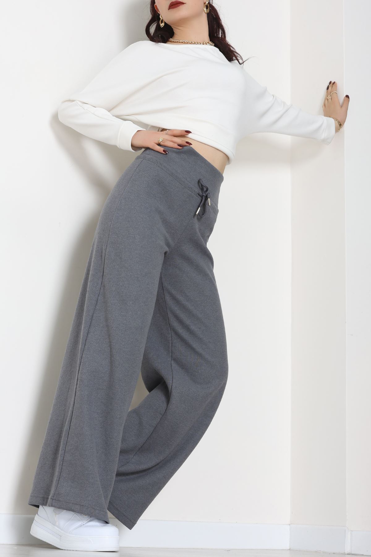 Selanik Kumaş Lastikli Palazzo Pantolon Antrasit - 51227.1567.