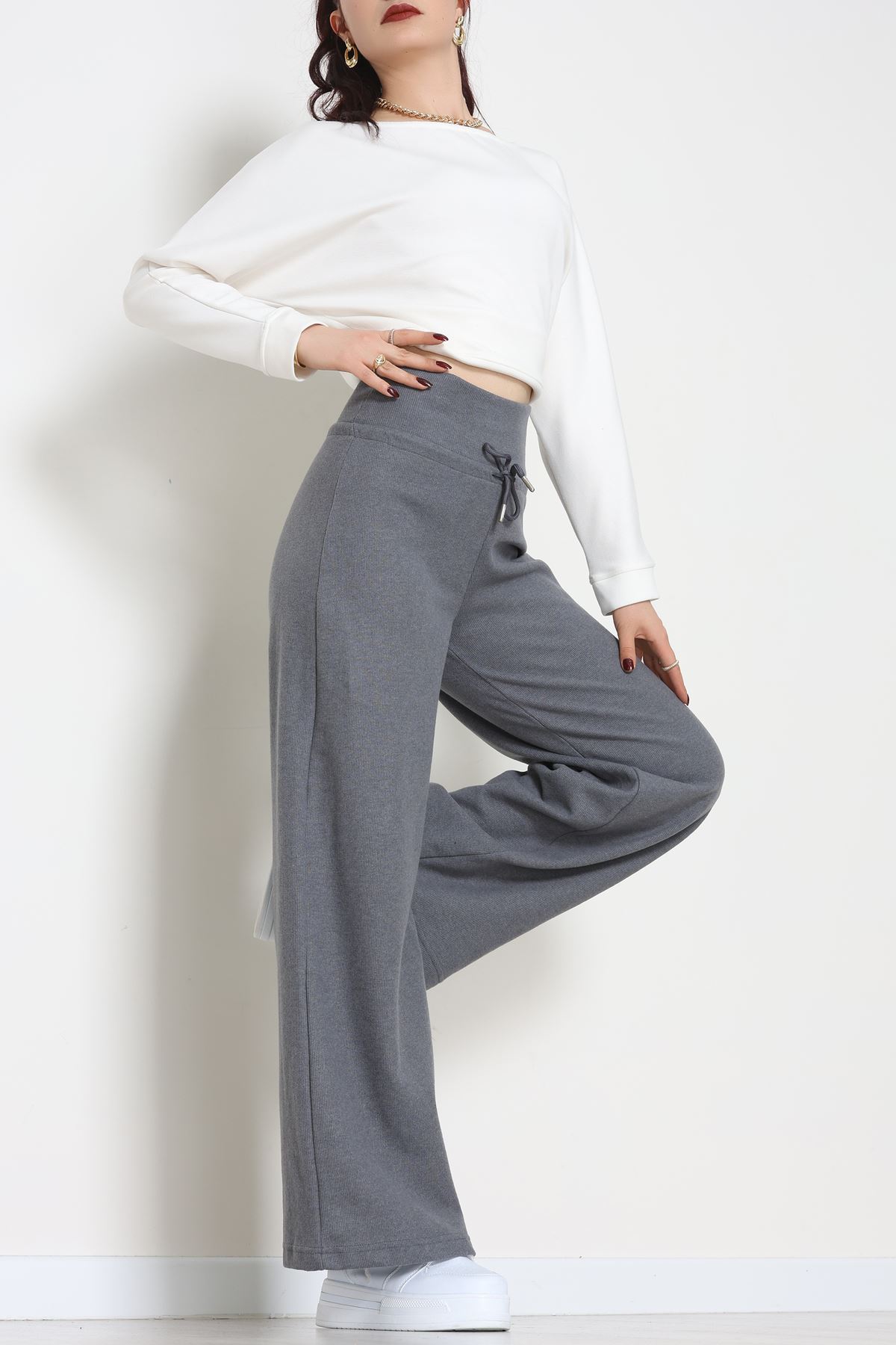 Selanik Kumaş Lastikli Palazzo Pantolon Antrasit - 51227.1567.