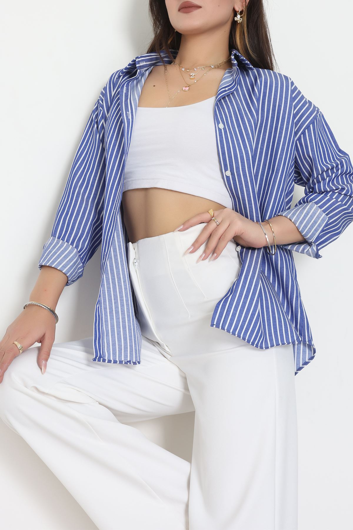 Pamuk Polyester Çizgili Oversize Gömlek Koyumavibeyaz - 51052.147.