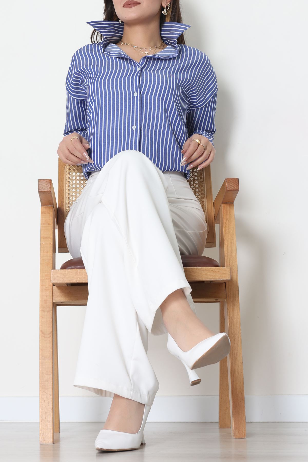 Pamuk Polyester Çizgili Oversize Gömlek Koyumavibeyaz - 51052.147.